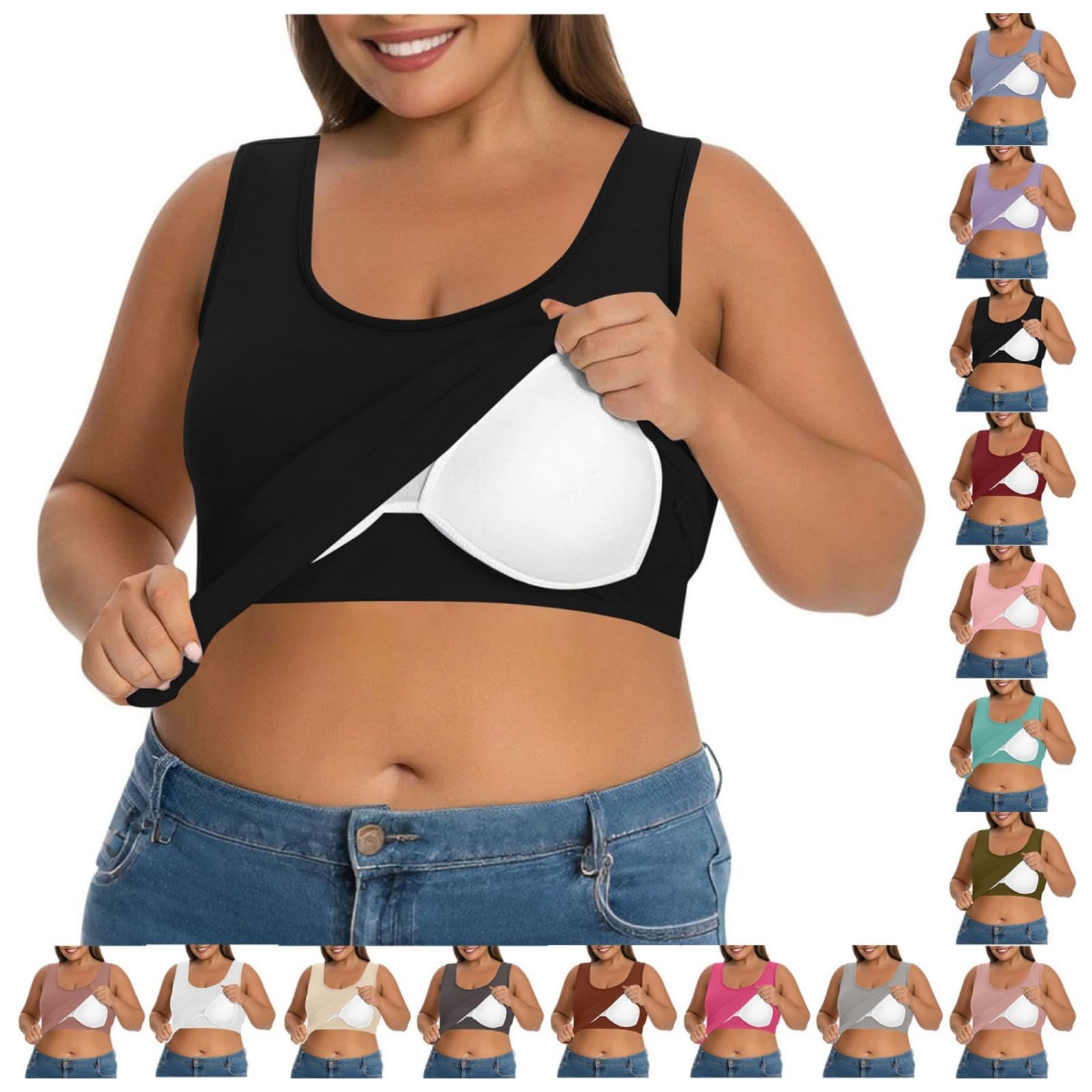 Tank Top Damen BH Hemdchen Ohne Bügel,U Ausschnitt Ärmelloses Shirt Einfarbig Yoga Trägertop,Sommer Oberteil Große Größen Unterhemd mit BH Integriert,Lässige Sporttop Basic Achselshirt für Frauen