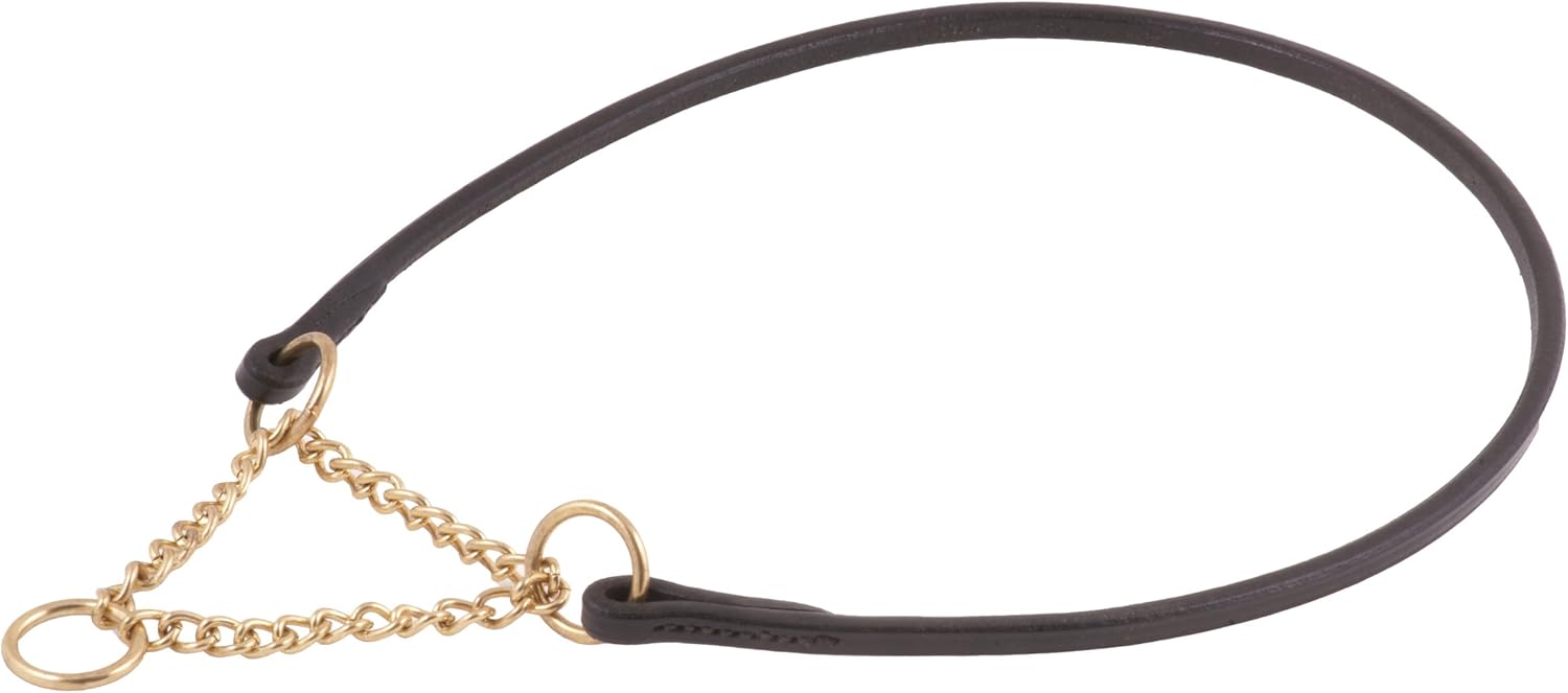 Alvalley Flat Leather Heavy Duty Dog Collars with Martingale Gold Chain - Hand Stitched Luxury Dog Collar - Safe, Easy to Use - Suitable for Training & Walking (Black, 22in Length, 5mm Thickness)