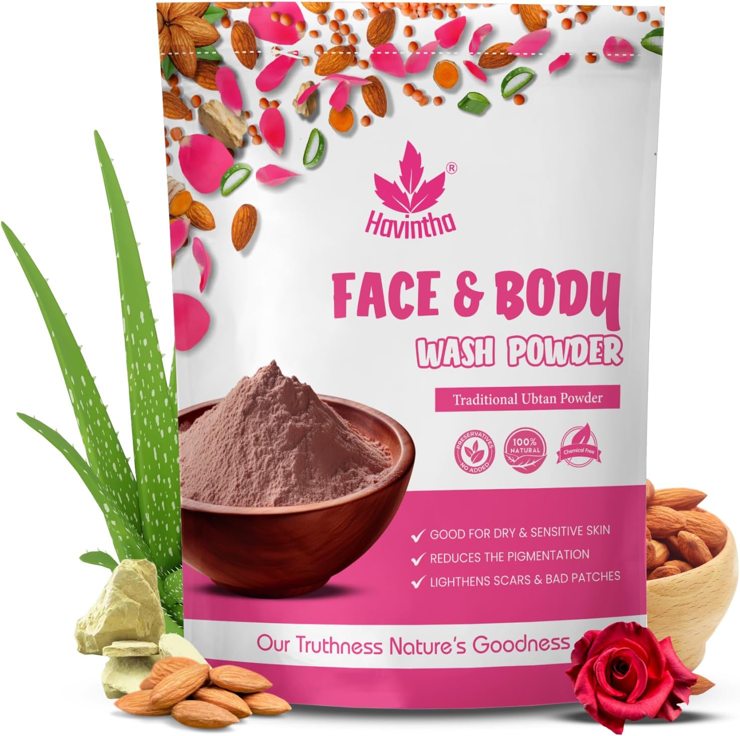 Havintha Natural Face and Body Wash Powder for All Skin Types - 227 gm