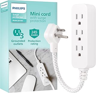 Philips 1 Ft Indoor Extension Cord with Surge Protection, 3-Outlet, Flat Plug, 245 Joules, ETL Listed, White, SPP8272WC/37