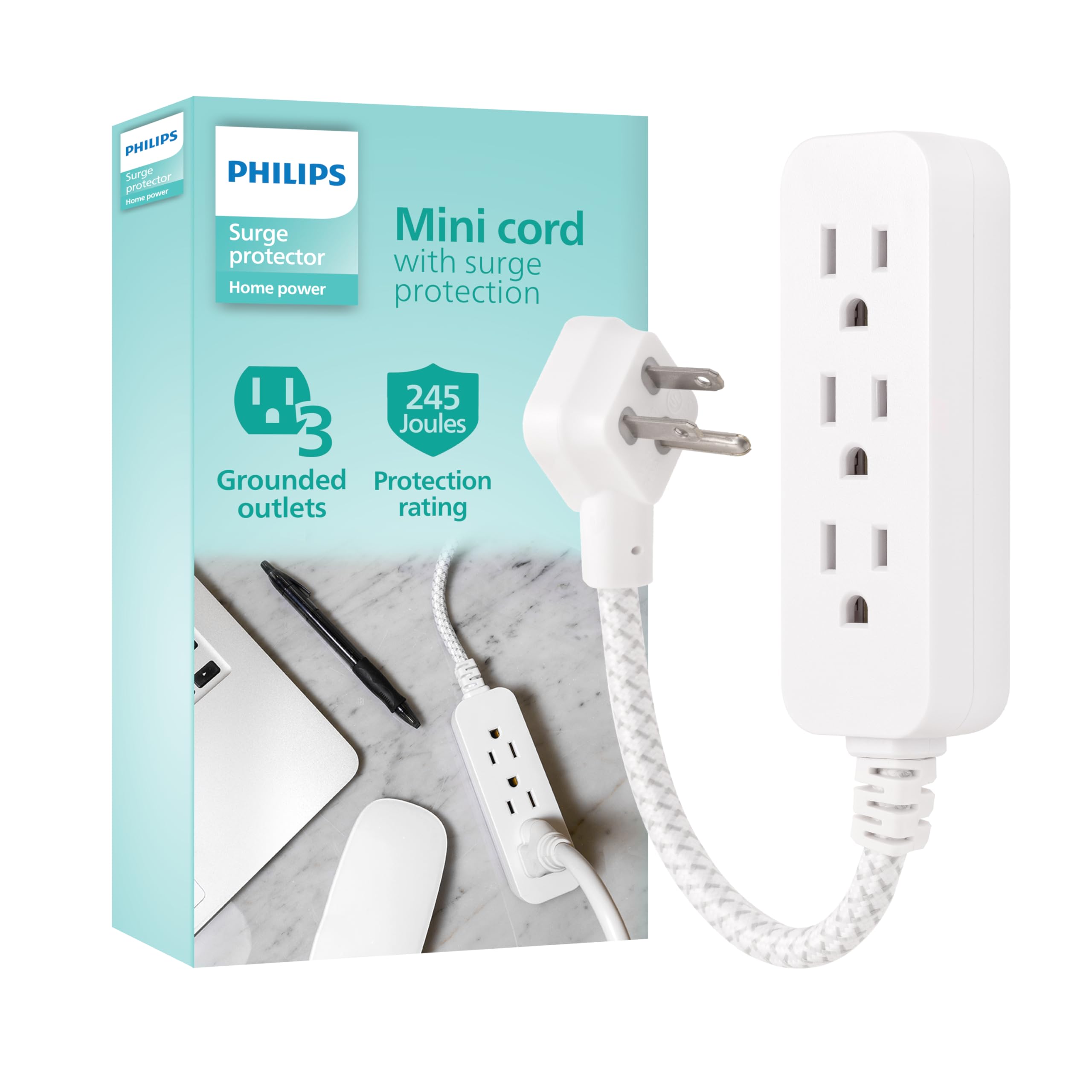 Philips 1 Ft Indoor Extension Cord with Surge Protection, 3-Outlet, Flat Plug, 245 Joules, ETL Listed, White, SPP8272WC/37