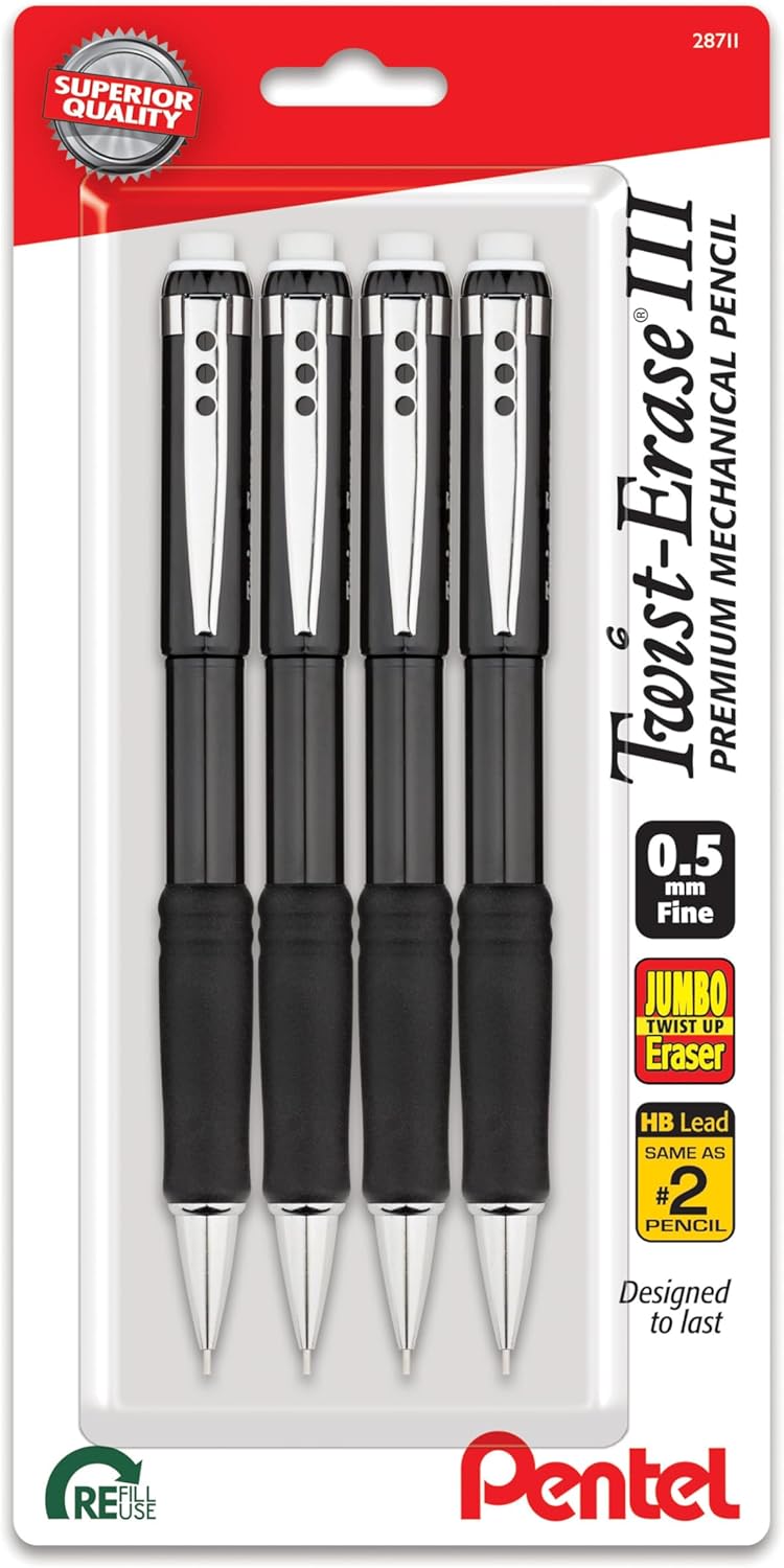 Pentel Twist-Erase III Mechanical Pencil, (0.5mm), Fine Line, Black Barrel, Pack of 4 (QE515BP4A) Pentel Twist-Erase III Mechanical Pencil, (0.5mm), Fine Line, Black Barrel, Pack of 4 (QE515BP4A)