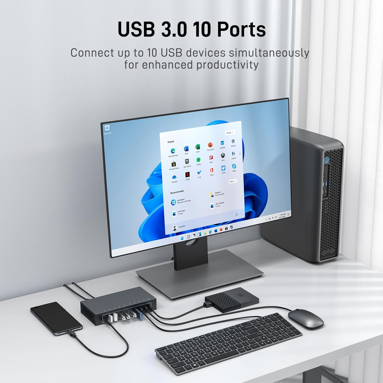 10 Port USB 3.0 Hub, Industrial Powered USB Data Hub with 12V/3A Adapter 105W Output ESD Protection, Rugged Metal Case Mountable USB Expander Splitter