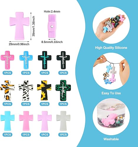 Miniatura 4 de FASHEWELRY 12 cuentas focales de silicona cruzada para bolígrafos, cuentas en forma de cruz de leopardo, cuentas de goma de silicona de Jesús para