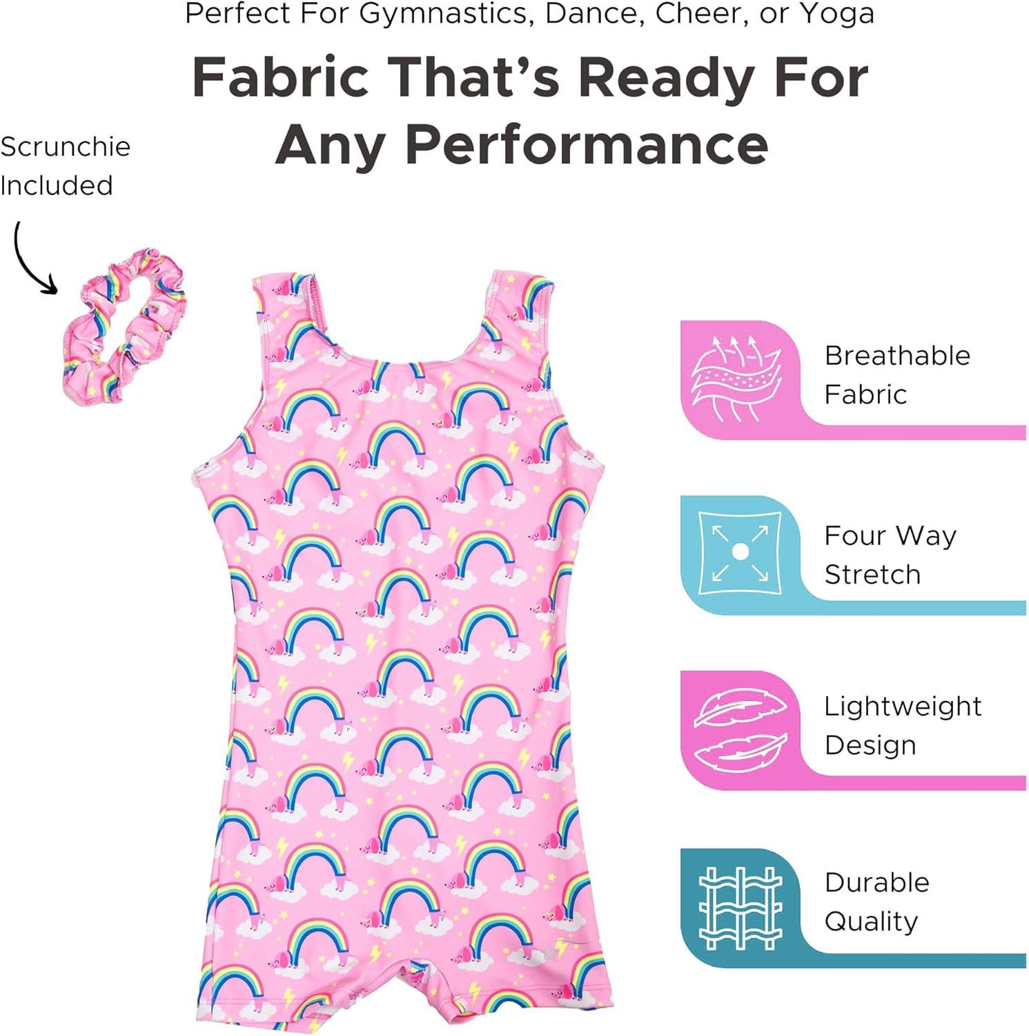 Destira Over the Rainbow Gymnastics Unitard For Girls, Pink Biketard With Puppy Rainbows And Clouds With Matching Scrunchie