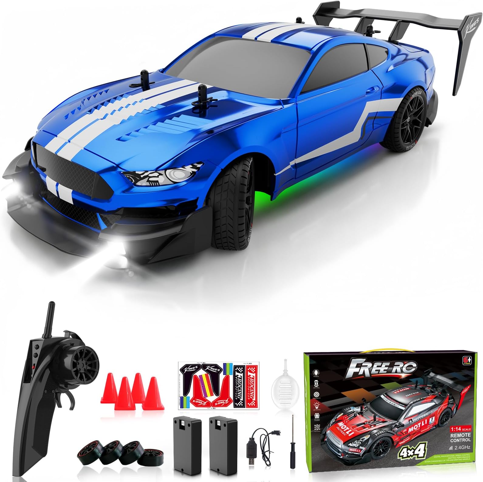 Remote Control Car RC Drift Car 1:16 Scale 4WD RC Vehicle with Spray, Cool Lights, 2.4GHz 30km/h RTR High Speed Racing Sport Toy for Adults Boys Girls Kids Gift 2Pcs Rechargeable Battery