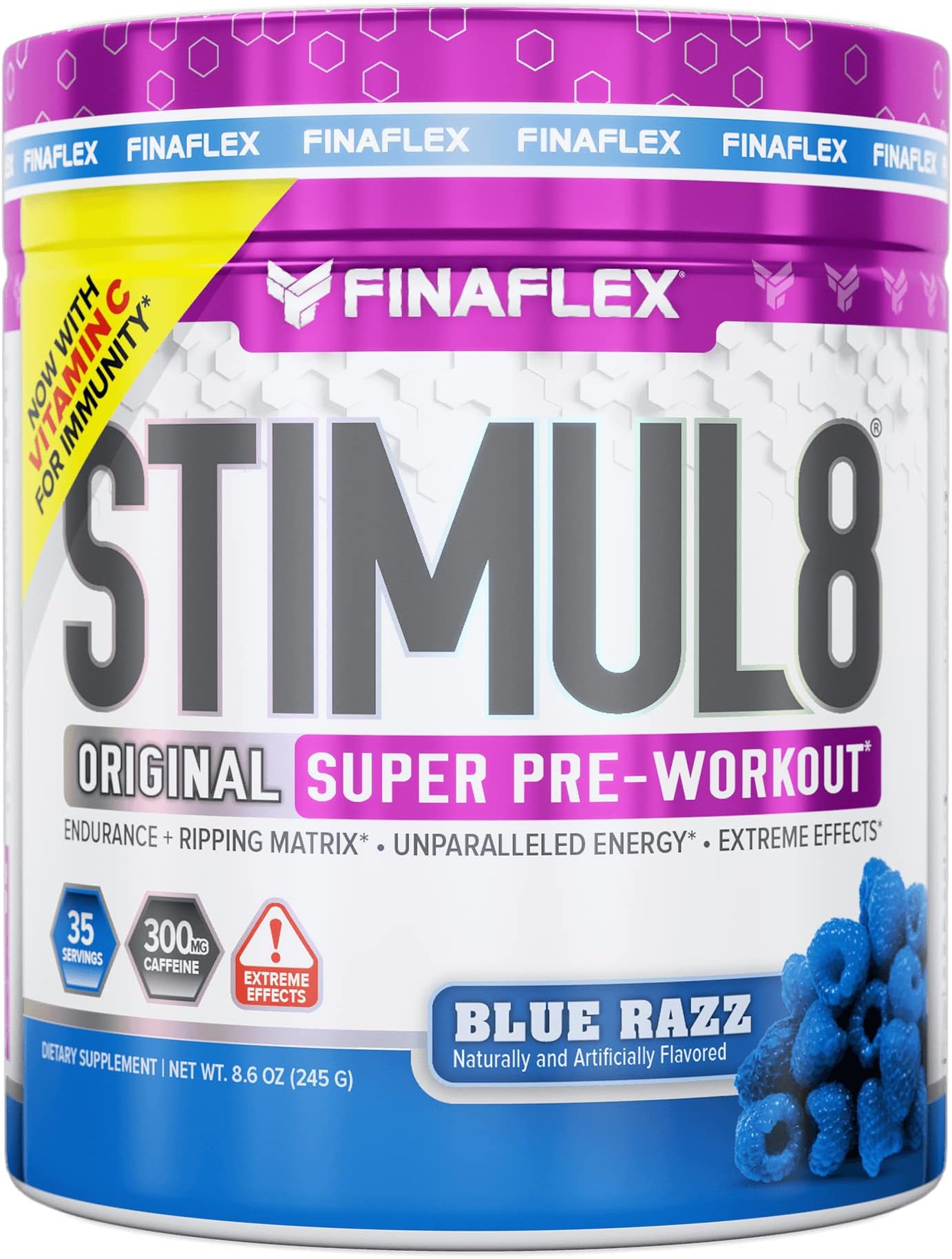 FINAFLEX STIMUL8 Original Super Pre-Workout, Blue Raspberry - Energy, Strength & Endurance for Men & Women - with Caffeine, Beta-Alanine & Vitamin C - 35 Servings