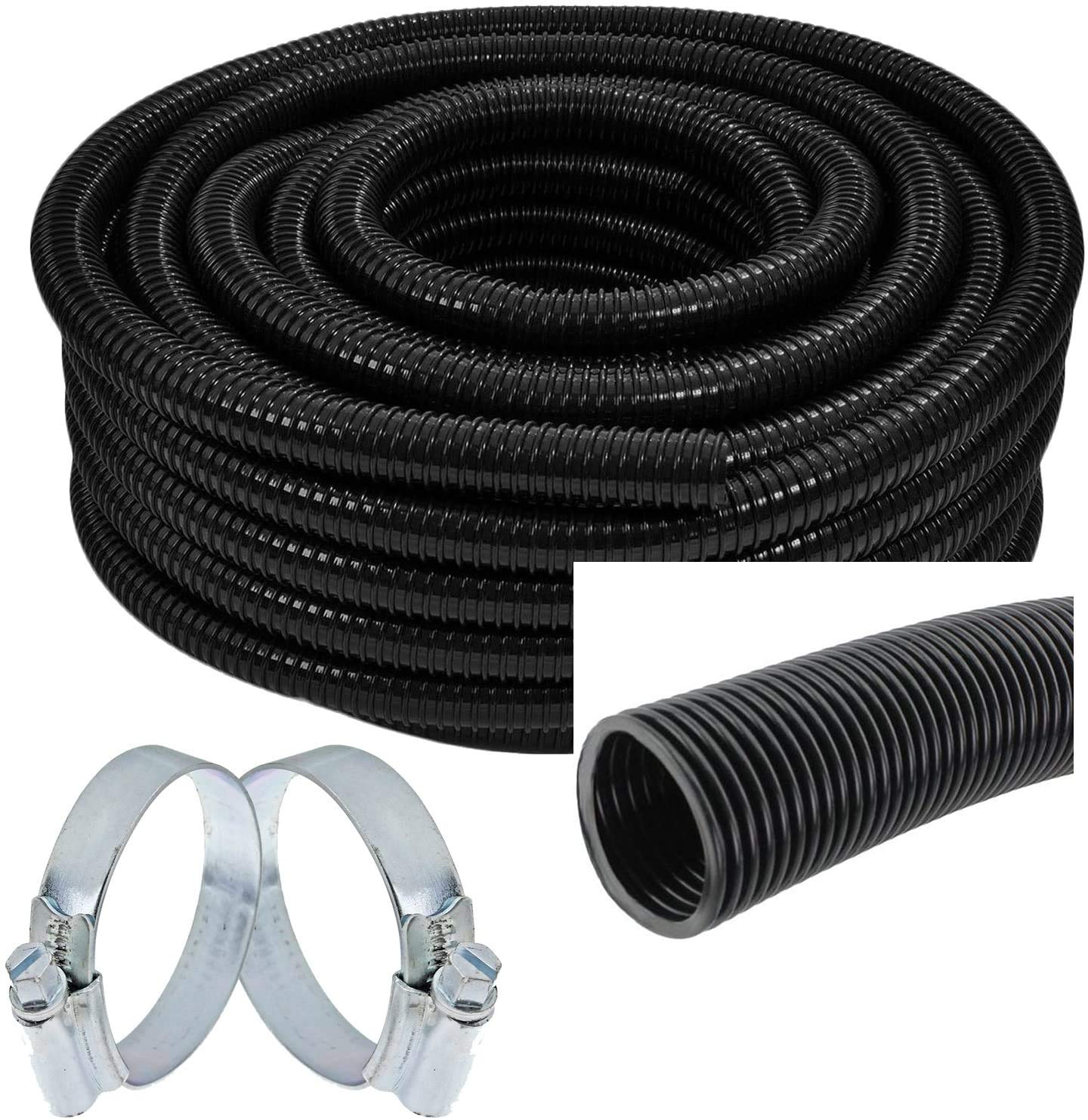 Spares2go Black,Grey Pond Hose Corrugated Flexible Filter Pipe Flexi Tube + 2 Clamp Clips (20Mm, 5M)
