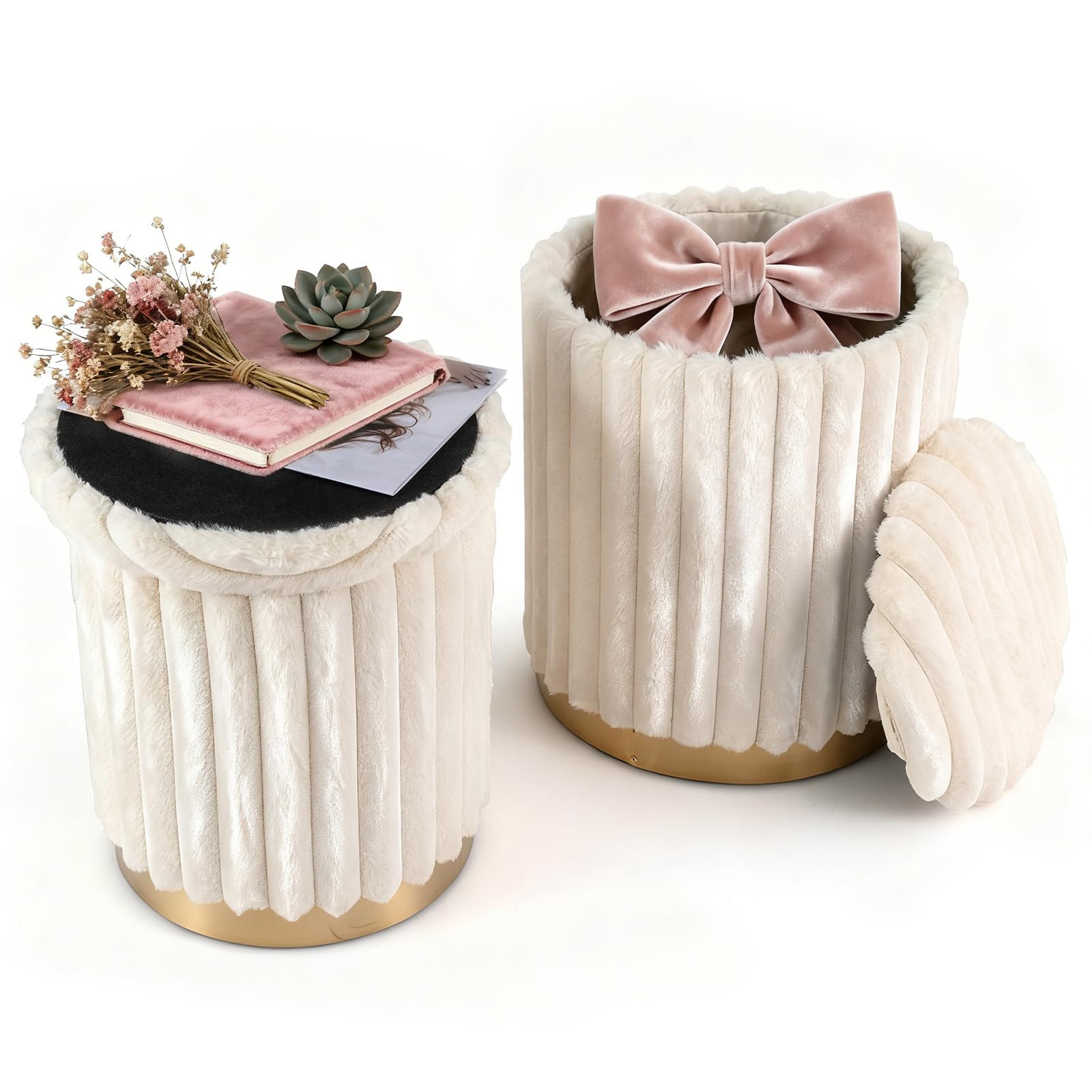 RELAX4LIFE Set di 2 Pouf Contenitori Rotondi, 3 in 1 Sgabello Impilabile in Velluto con Coperchi Rimovibili, Base Rotonda Dorata e Piedini Antiscivolo, Pouf Poggiapiedi con Stoccaggio