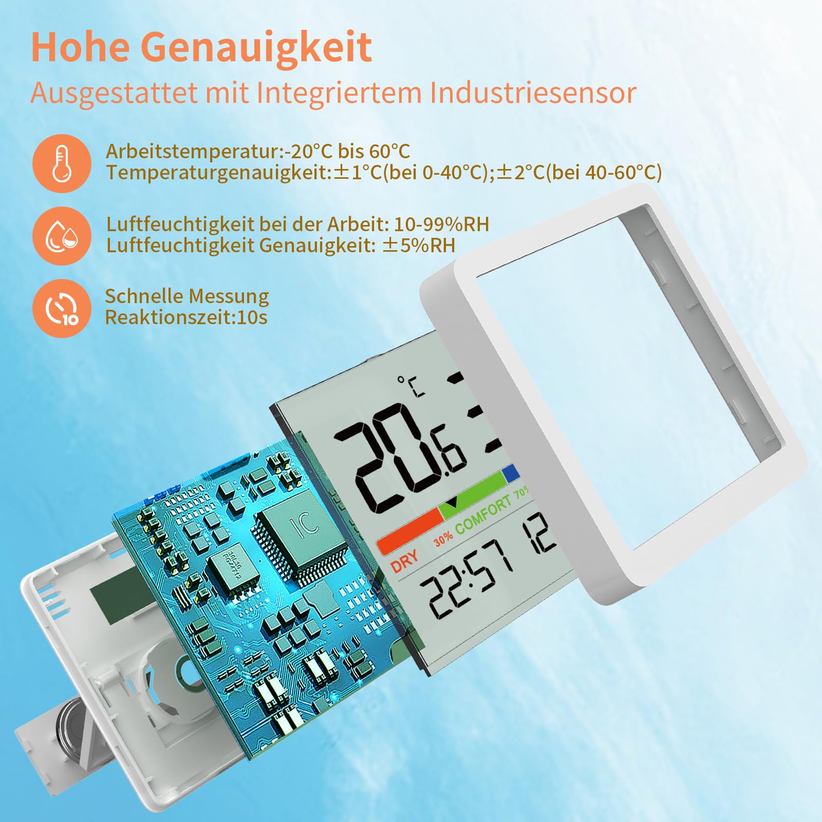 NOKLEAD Digital Thermometer Hygrometer-Innen Thermo Hygro Mini Raumthermometer Temperatursensor Feuchtigkeitsmesser mit Komfortanzeige ℃/℉ Umschaltbar,Datum 12/24Hr Uhr Kalibrierung,2 Stück