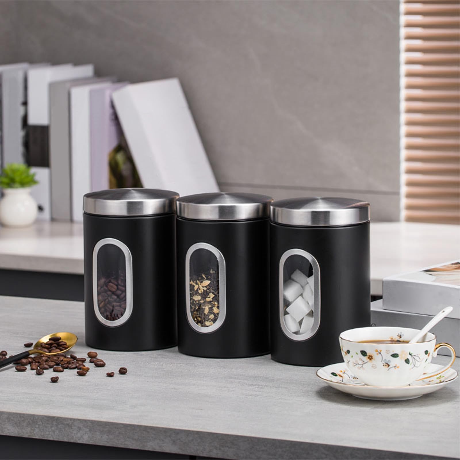 3-teiliges elegantes, luftdichtes Sichtfenster, Kaffee-/Zuckerdosen-Set, Edelstahl, Küchen-Aufbewahrungsdosen, Organisation