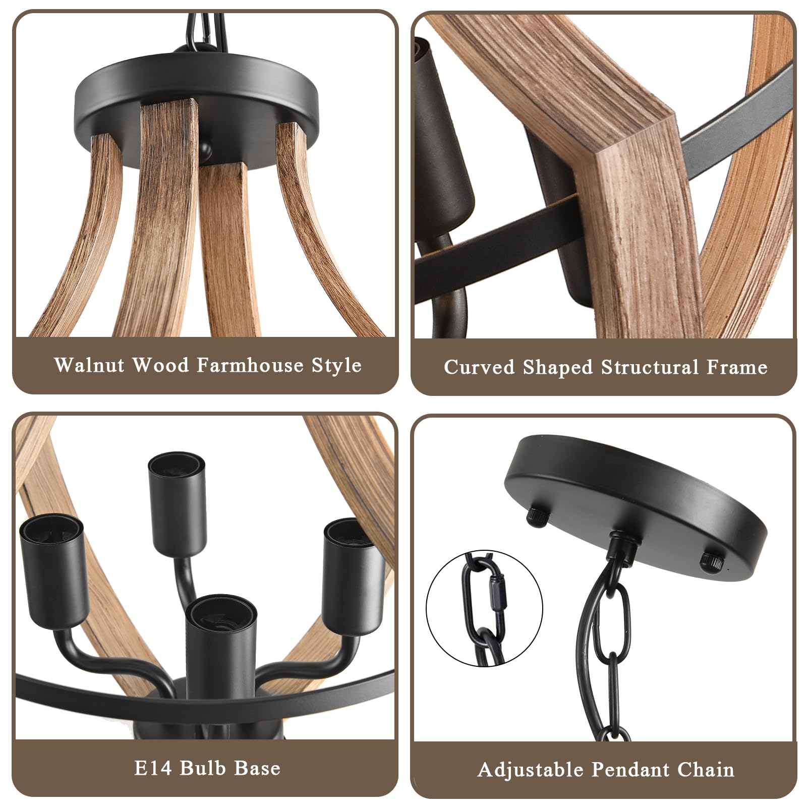 HOXIYA Farmhouse Chandelier 4-Light Hanging Pendant Lighting 13.1" Retro Flush Mount Ceiling Light Fixture Rustic Vintage Wood Industrial Modern Black Metal for Living Room Bedroom Hallway Kitchen - Image 4