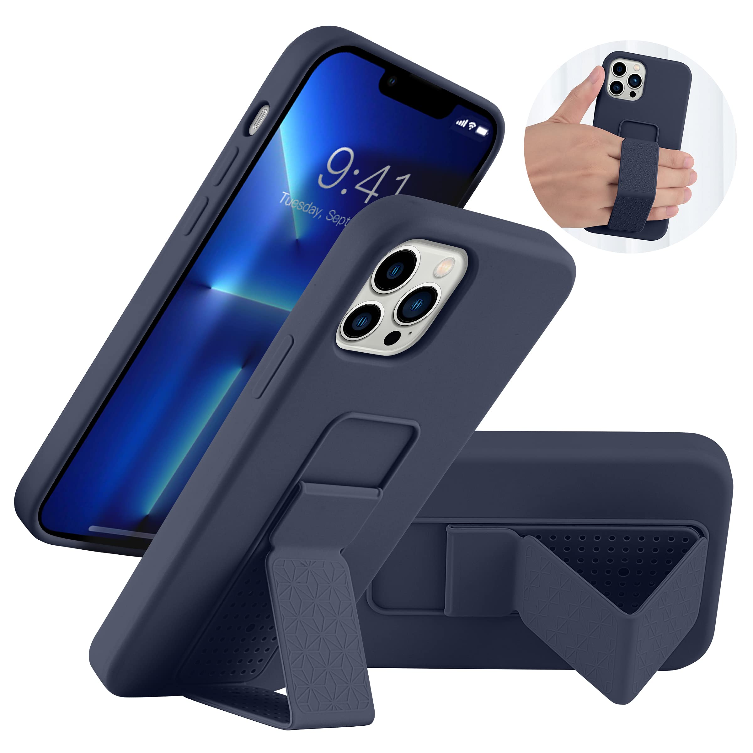 LAUDTEC Silicone Kickstand Case Compatible with iPhone 13 Pro, Vertical and Horizontal Stand Hand Strap Metal Kickstand Cover, Flexible Soft Liquid