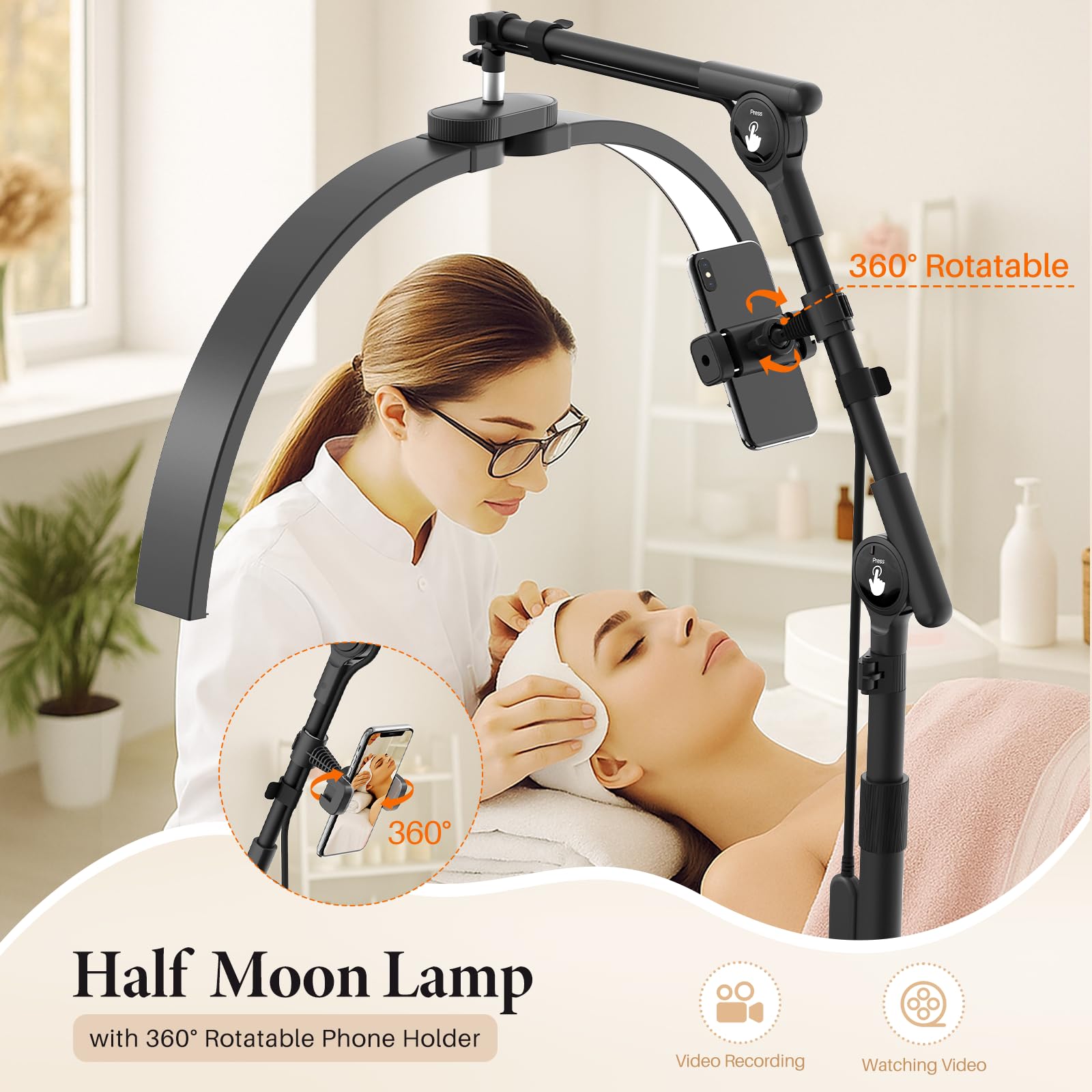 LED Halbmond Wimpern Lampe: Drehbar 360° Halbmond Beauty Lichter Stehlampe mit Telefonhalter - Dimmbares Wimpernverlängerung Lampe für Beauty,Tätowierer, Make-Up Artists - Schwarz
