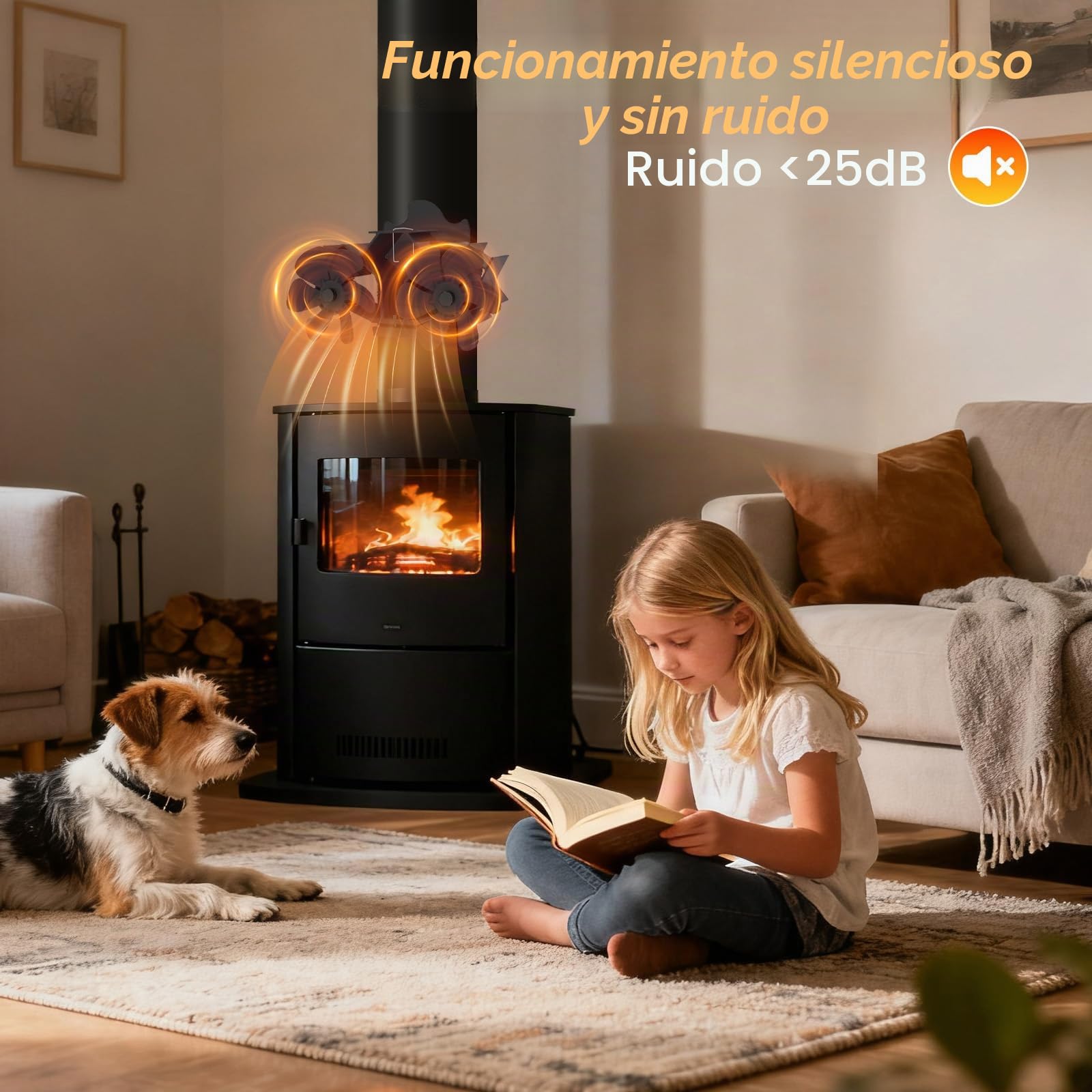 Ventilador magnético de doble cabeza para estufa con 12 aspas accionado térmicamente sin fuente de alimentación con termómetro