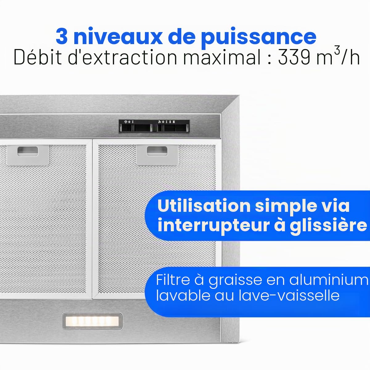 Hotte cheminée inox Bomann DU652-1-inoxInoxHotte aspirante sous-structure d'une largeur de 60 cm, Aspiration puissante de 205 m³/h, Eclairage LED efficace (blanc chaud 2W