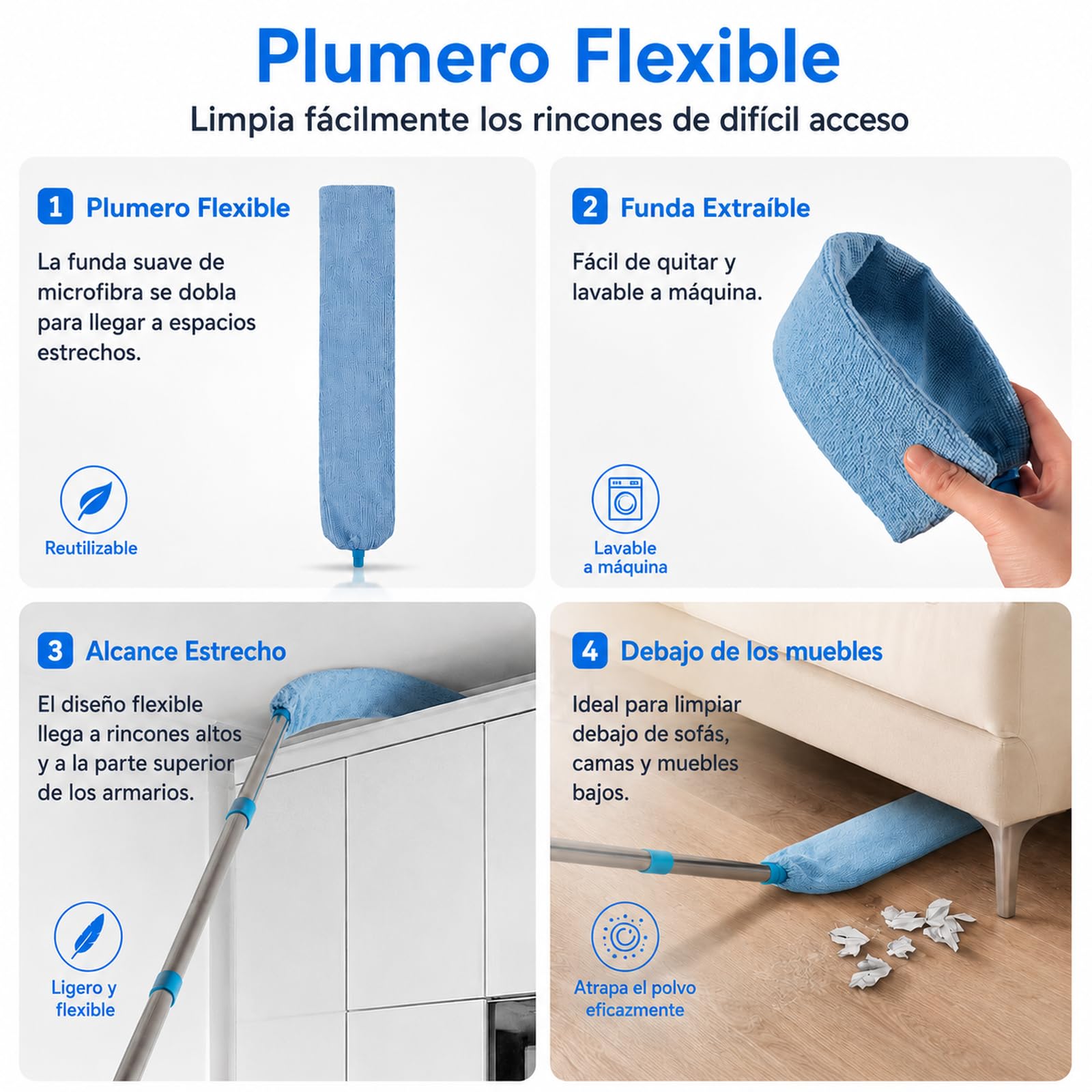 Terafeels Plumero telescópico largo de 310 cm, lavable, con 1 escoba de esquina flexible y 1 removedor de telarañas para limpieza debajo del sofá, muebles, ventilador de techo, telarañas (azul)