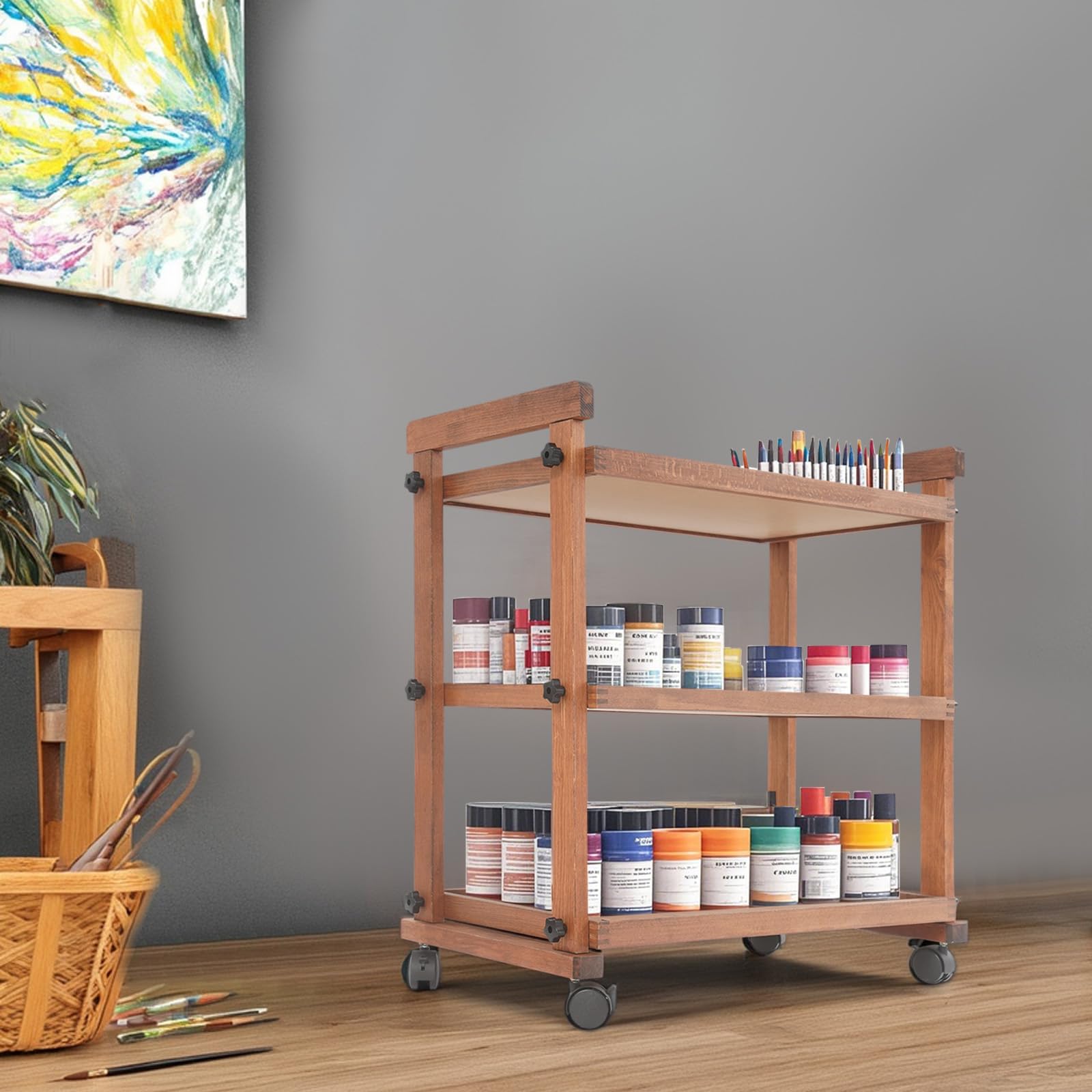 3-stöckiger Holzwagen für Kunstbedarf – Multifunktionaler Malwagen aus massivem Buchenholz mit Bremsrollen & Stifthalter, Retro-Design – Rollbarer Aufbewahrungswagen für Studio, Schule & Büro
