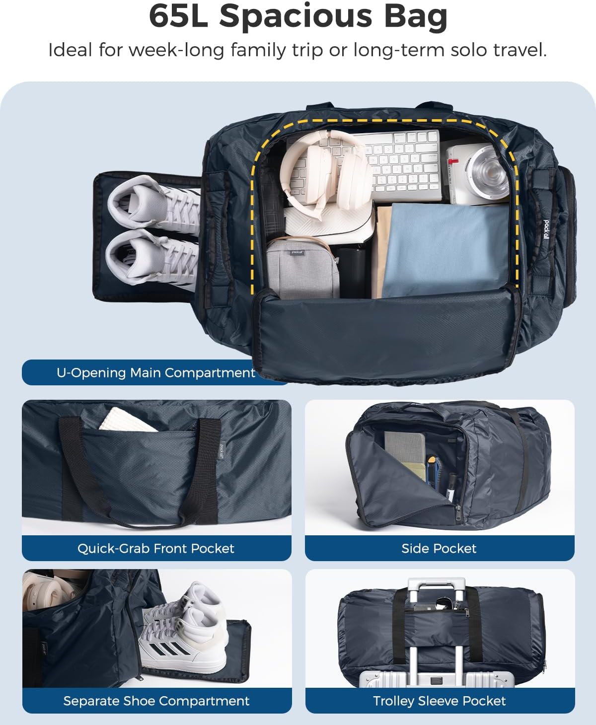 pack all 65L Foldable Travel Duffel Bag, Packable Weekender Bag with Shoe Compartment, Water-Resistant Gym Bag with Adjustable Strap for Overnight, Sports and Camping (Navy) - Image 3