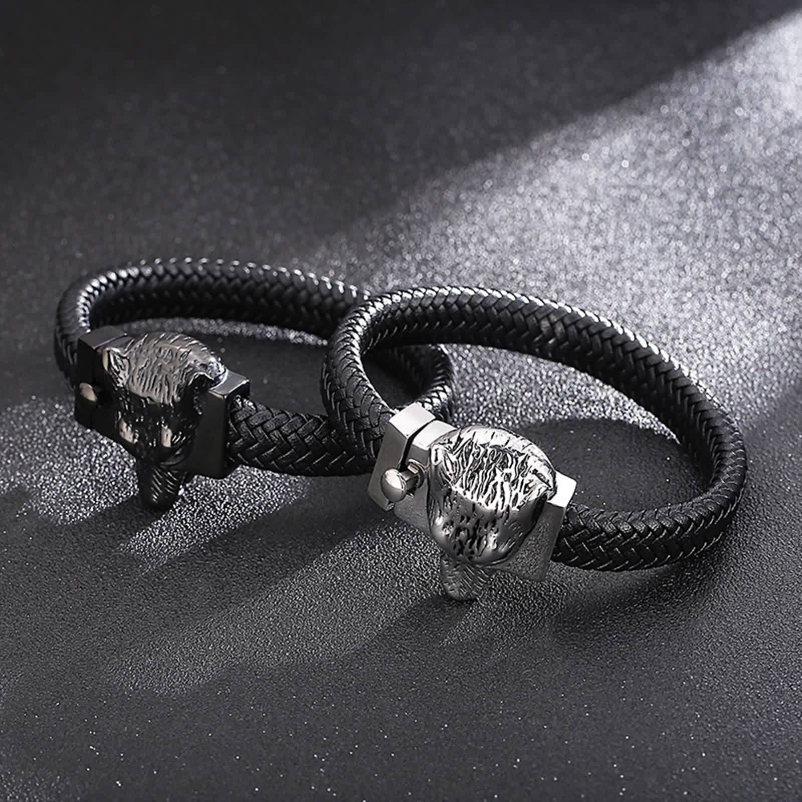 Bracelet Moderne, Bracelet Homme Loup Acier Inoxydable Cuir Tête de Loup de Mode Cool Bijoux Cadeau