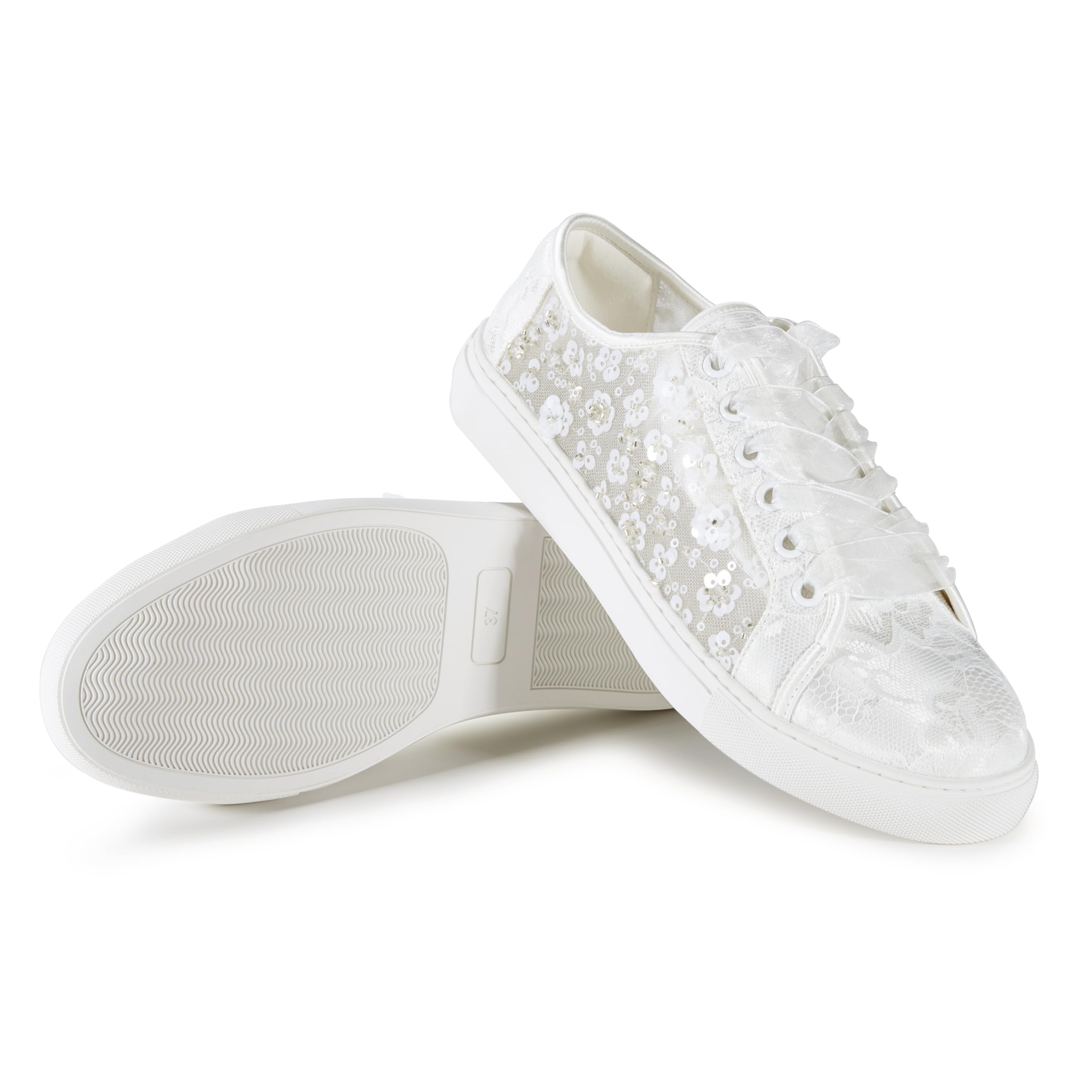 883-10 Sneakers Sposa Donna Pizzo Ricamo Floreale Scarpe Matrimonio Basse Comode Scarpe Sposa con Lacci Nastro