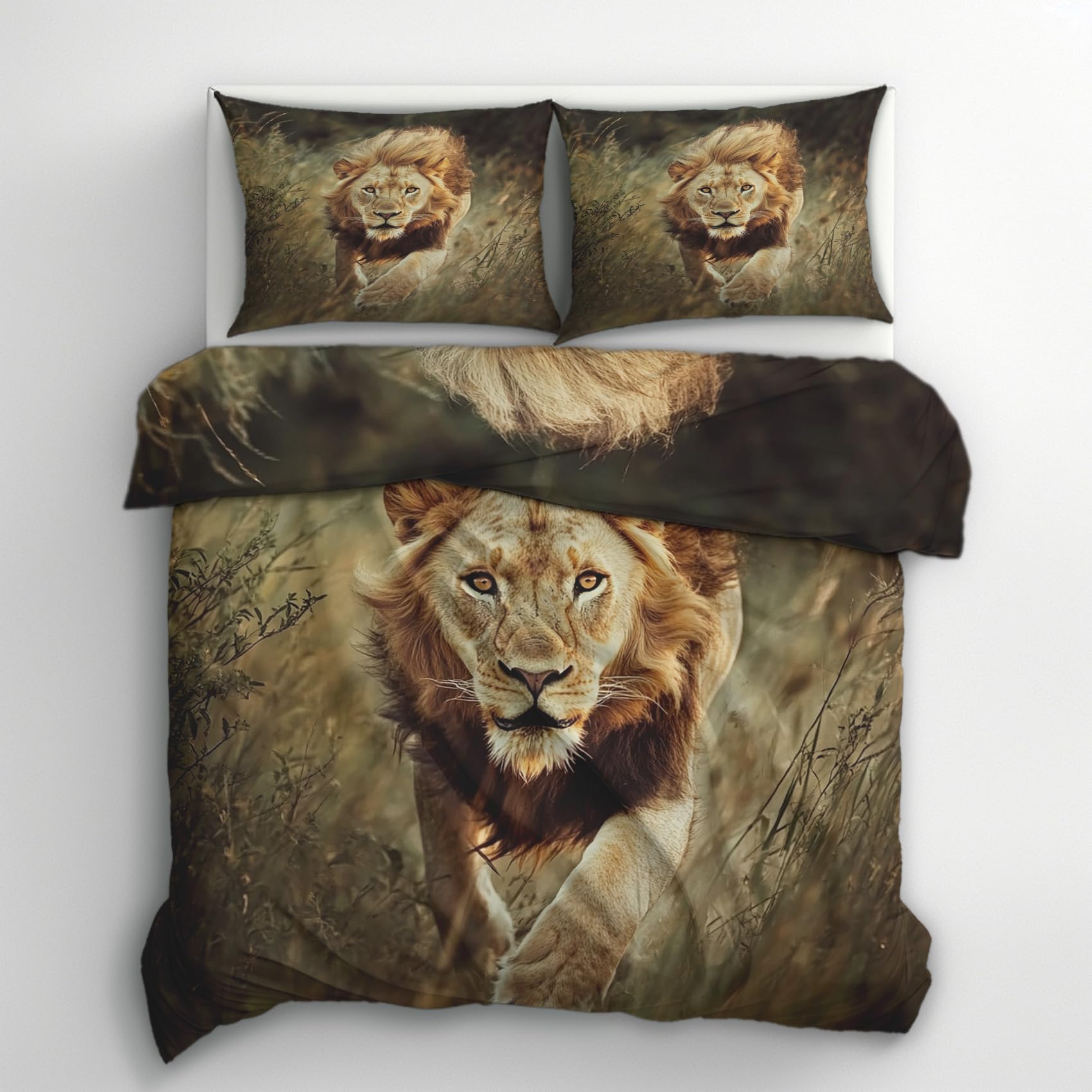 Lion King Size Duvet Cover Sets - Wild Animal Bedding & Bedroom Decor, Super Soft Microfiber Quilt Cover and 2 Pillowcases, with Zip, Reversible Design N1&I-48