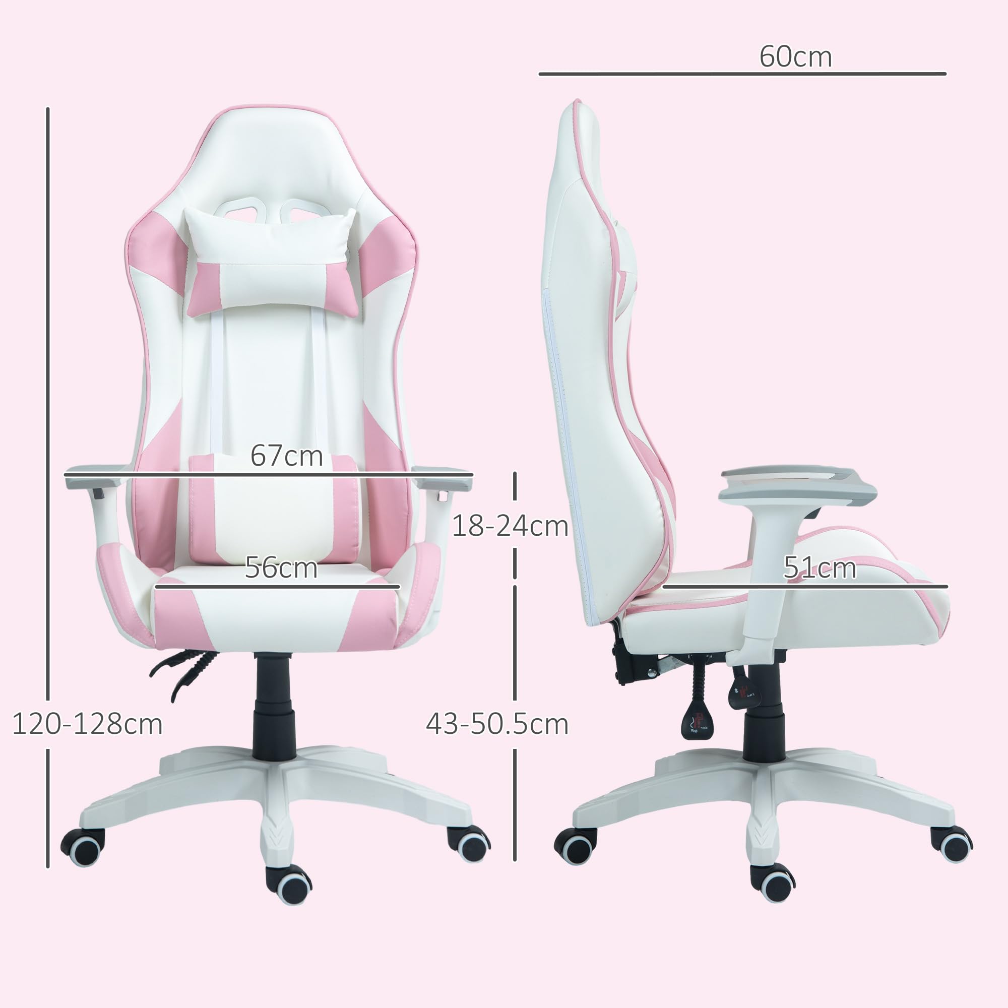 HOMCOM Silla Gaming Reclinable Silla Gamer Giratoria Silla de Oficina Basculante con Cojín Lumbar Reposabrazos 3D Reposacabezas Extraíble y Altura Ajustable 67x60x120-128 cm Blanco y Rosa