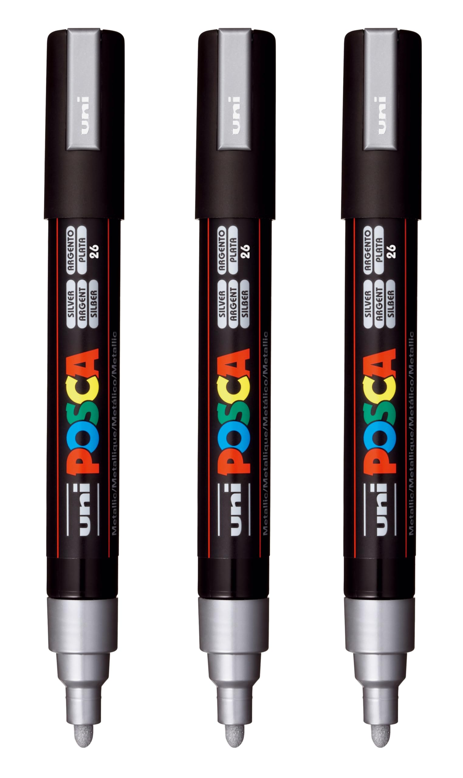 posca PC-5M Water-Based Paint Markers, Reversible Medium Tip (1.8-2.5mm), Silver, 3 Count