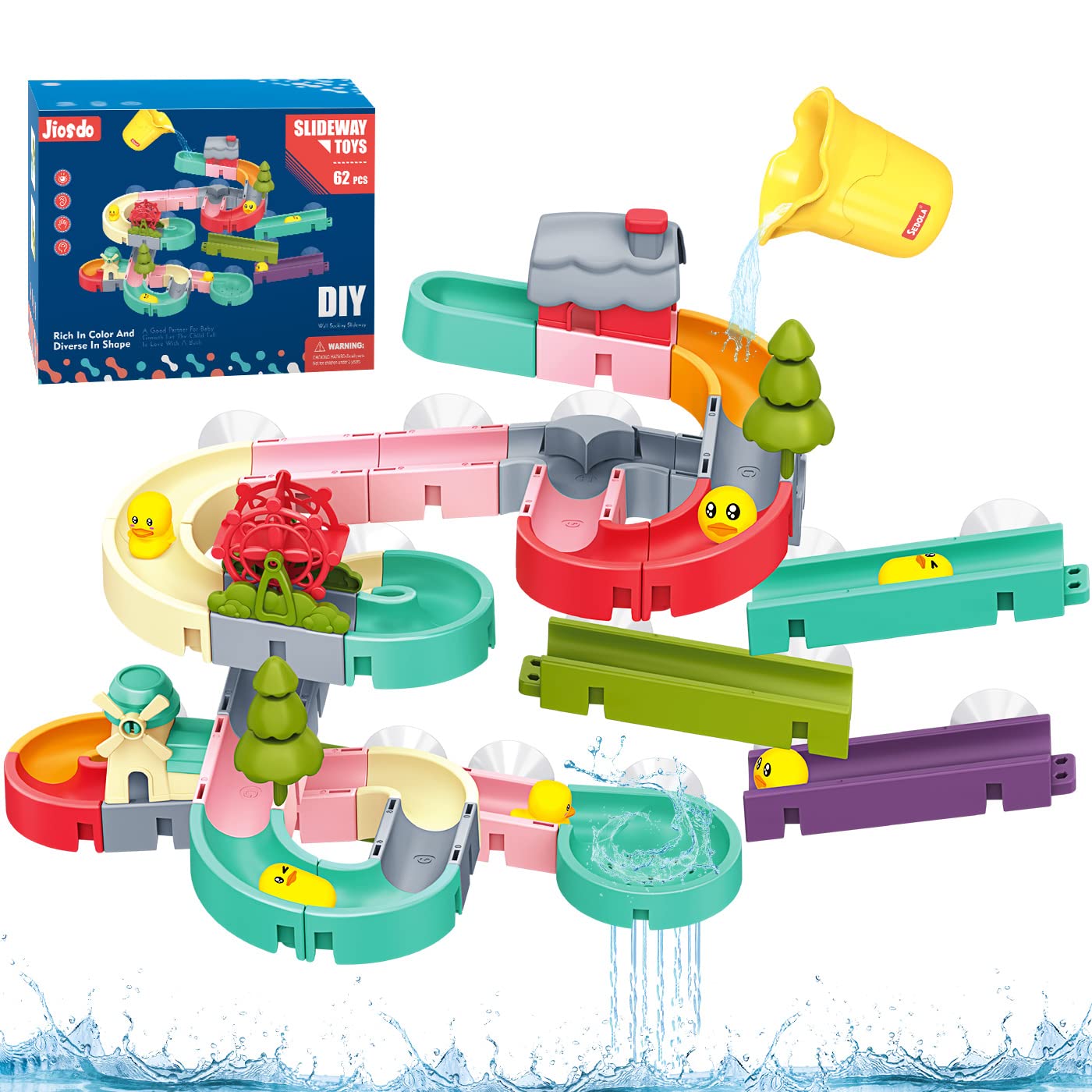 JiosdoBath Toys - 62Pcs Duck Water Slide Bath Toy for Toddlers, Water Track Bathtub Toy, Kids Bath Toys age 3 4 5 6, Ball Track Shower Toy with Suction Cups, Educational Bath Toys for 3 4 5 Year Olds