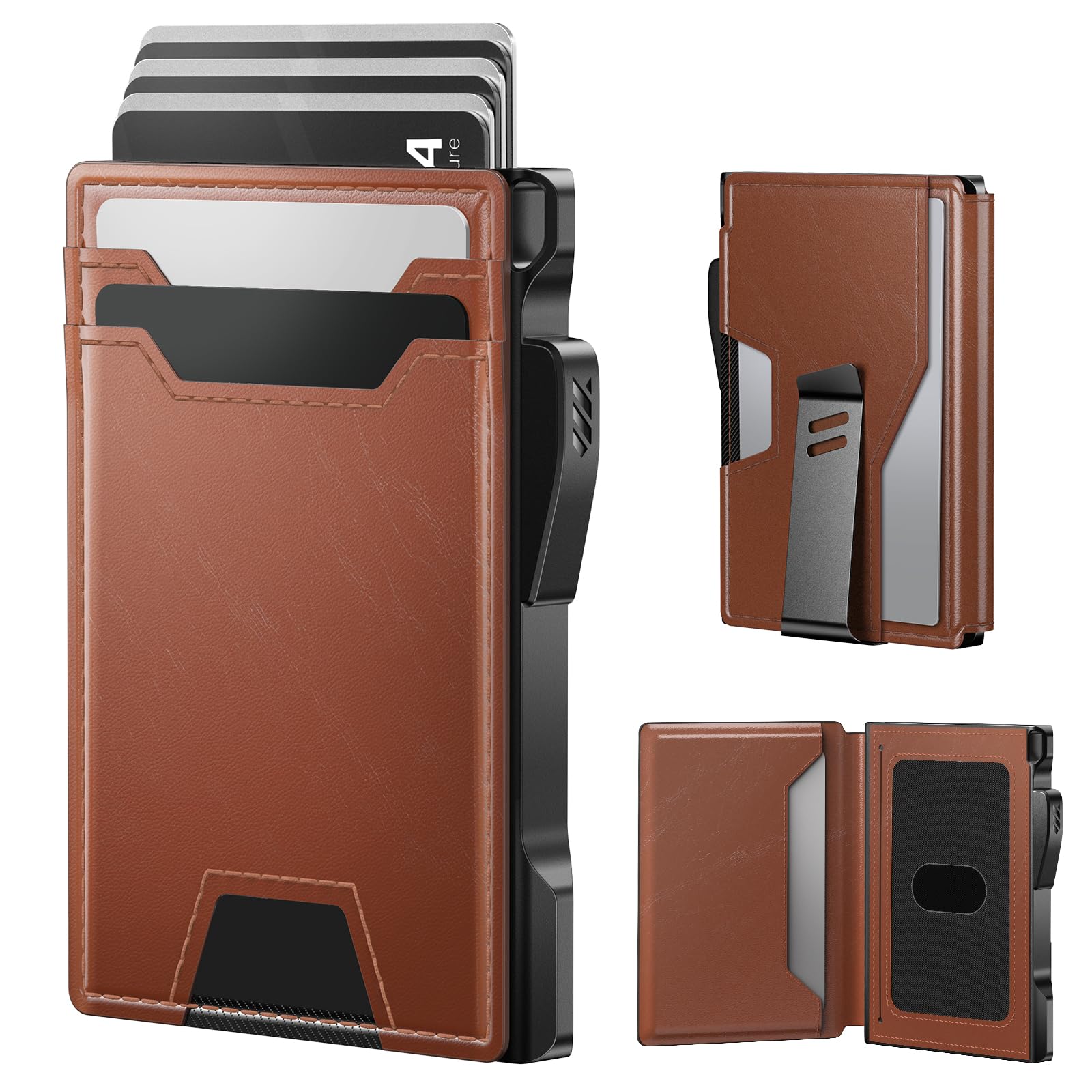 typecase Wallet for Men: Rfid-blocking with Money Clip Slim Leather Bifold ID Window Smart Pop Up Card Case Front Pocket Wallet with Gift Box (Light Brown)