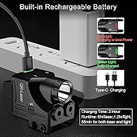 Vista 6 de Combo de luz láser roja verde púrpura azul, linterna táctica de 800 lúmenes con mira láser, batería recargable USB incorporada, haces de luz láser