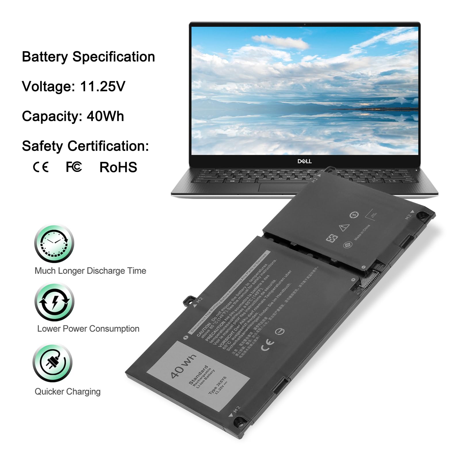 JK6Y6 Batteria per Dell Latitude 3410 3510 Vostro 5300 5401 5402 Inspiron 5300 5401 5402 5408 5501 5502 5505 5508 5406 7405 7300 7306 7500 7506 2-in-1 Silver Series C5KG6 11.25V 40Wh