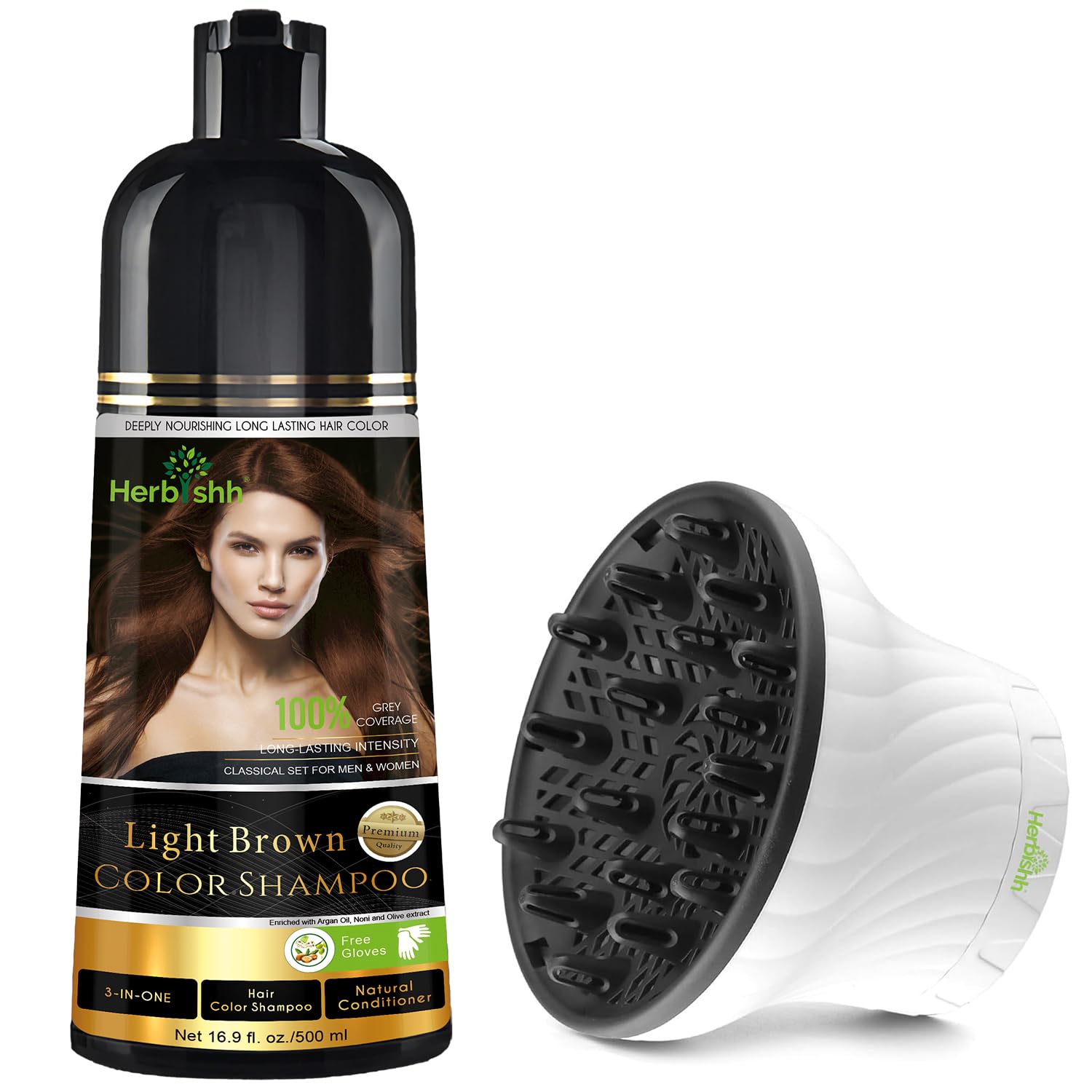 Herbishh Hellbraunes Haarfarben-Shampoo – 3-in-1 Magic Dye für graues Haar 500 ml + Universal-Haartrockner-Diffusor – verstellbar 3,5–8 cm, Drehclip für lockiges und welliges Haar, gleichmäßige Hitze