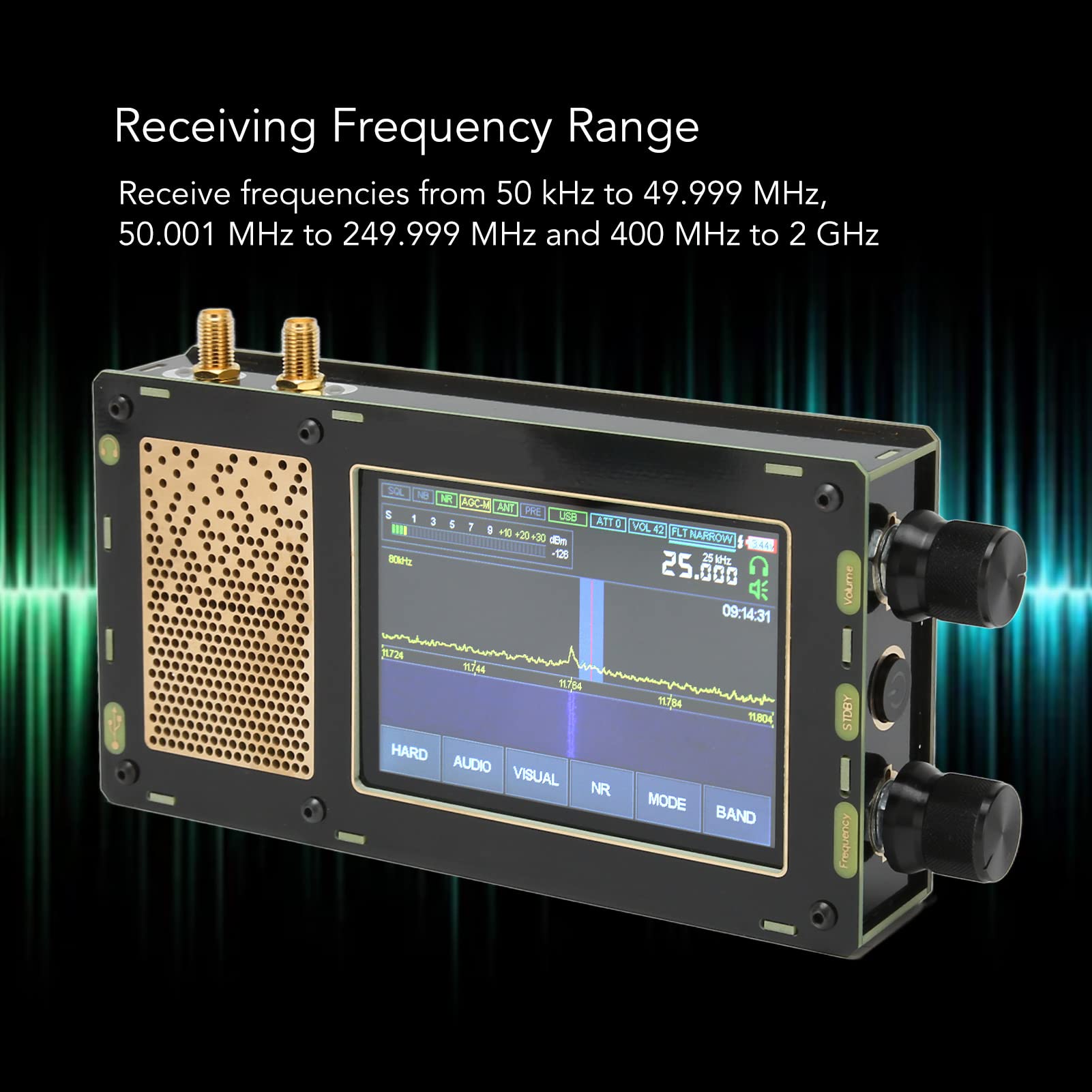 SDR-Empfänger 50 KHz-2 GHz – Mit 3,5 Zoll IPS-Touchscreen, AM/SSB/NFM/WFM/CW Demodulation, Eingebauter Akku