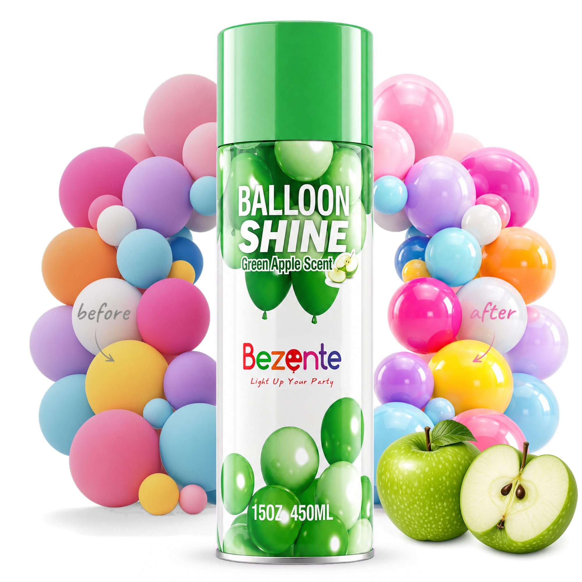 Bezente Green Apple Scent Balloon Shine Spray 15oz High-Gloss for Parties