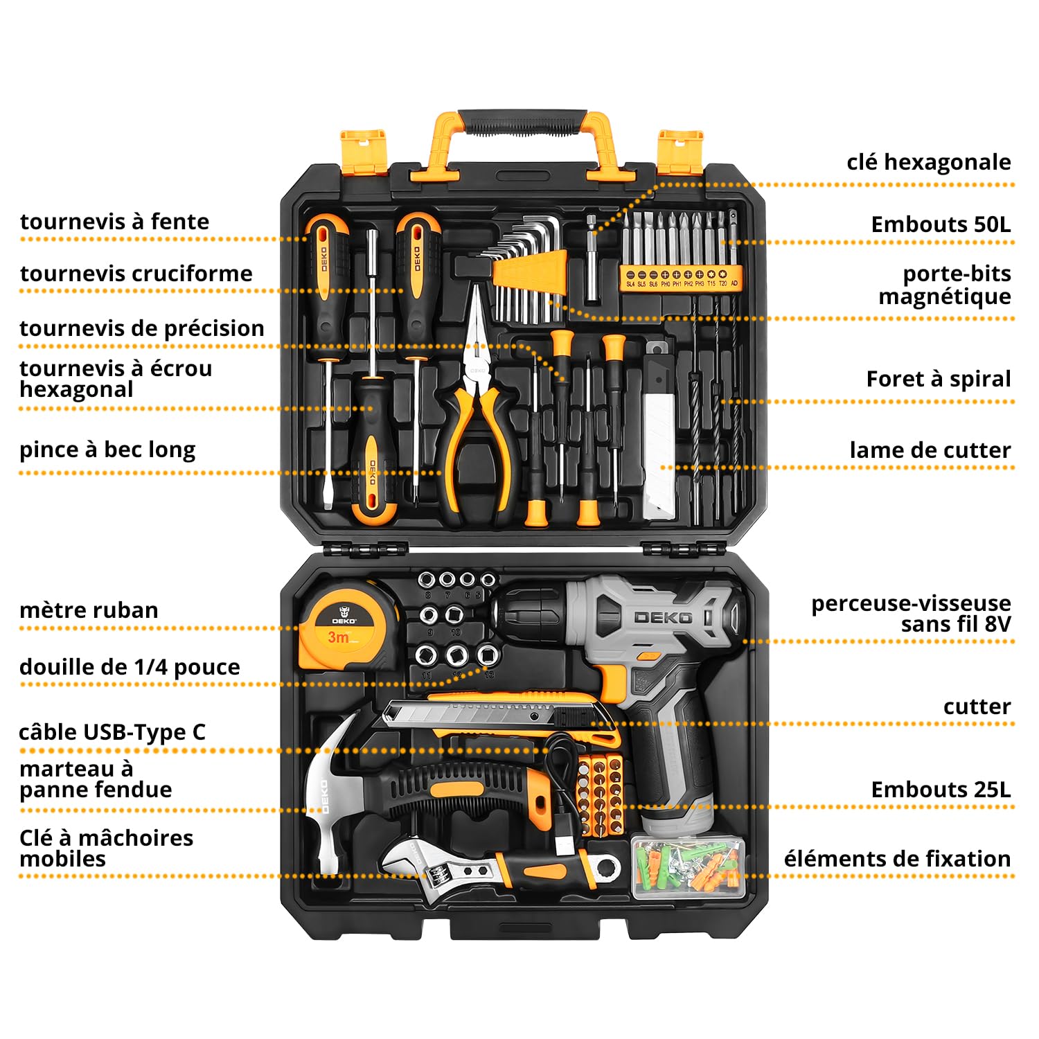 DEKO Caisse a Outil avec Perceuse Visseuse Multifonction Sans Fil 8V, 126 Pièces Malette Outils complete, Ensemble d'Outils avec Perceusepour Réparation, Entretien et Travail