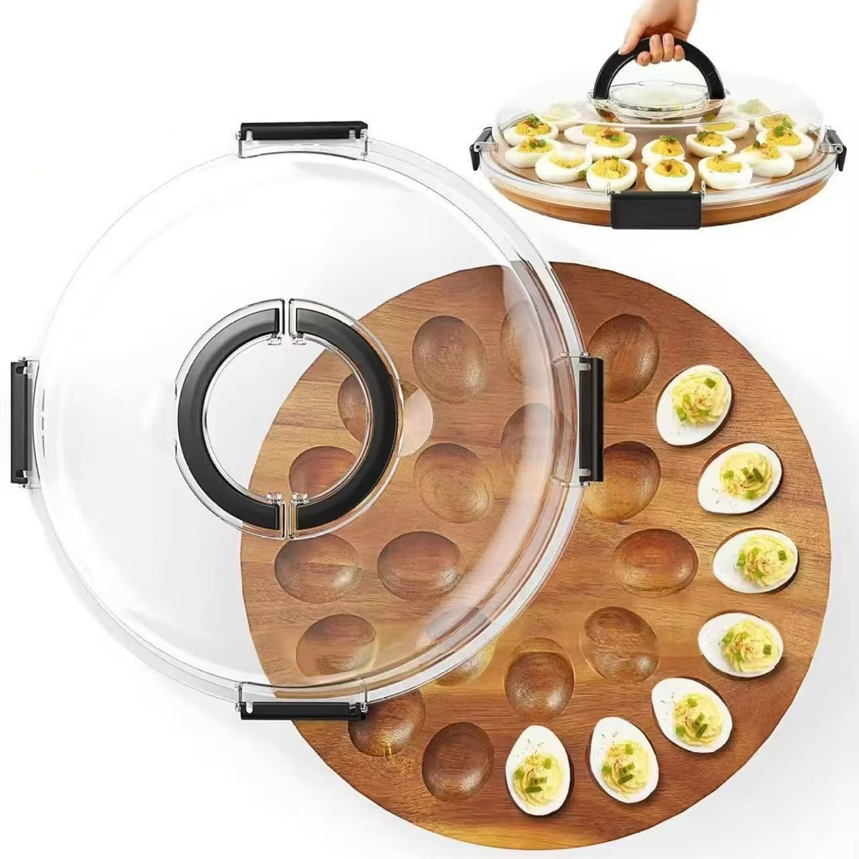Bandeja para huevos con tapa, 24 compartimentos, bandeja de madera de acacia con asa para fiestas, almuerzos, bufés