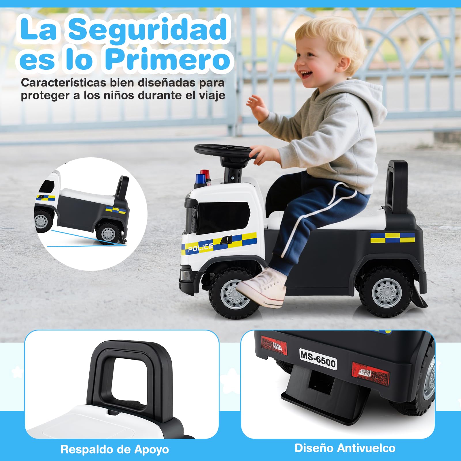 COSTWAY Correpasillos Bebé, Coche Correpasillos para Niños con Bocina, Música, Sonidos y Luces de Bombero/Construcción/Policía, Andador con Almacenaje para Niños de 18+ Meses (Blanco)