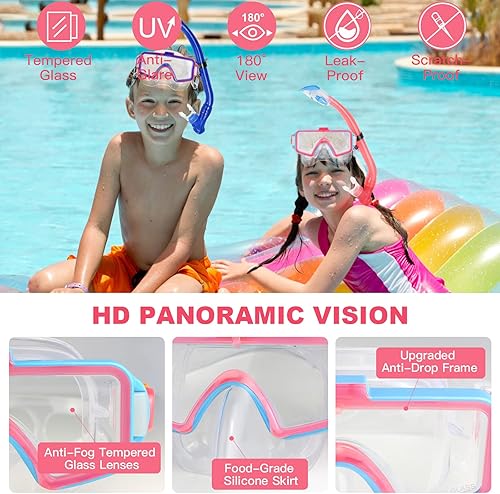 Miniatura 2 de AosDero Juego de esnórquel para niños, aletas ajustables para natación, máscara de esnórquel panorámica, tubo de esnórquel seco, bolsas de viaje,