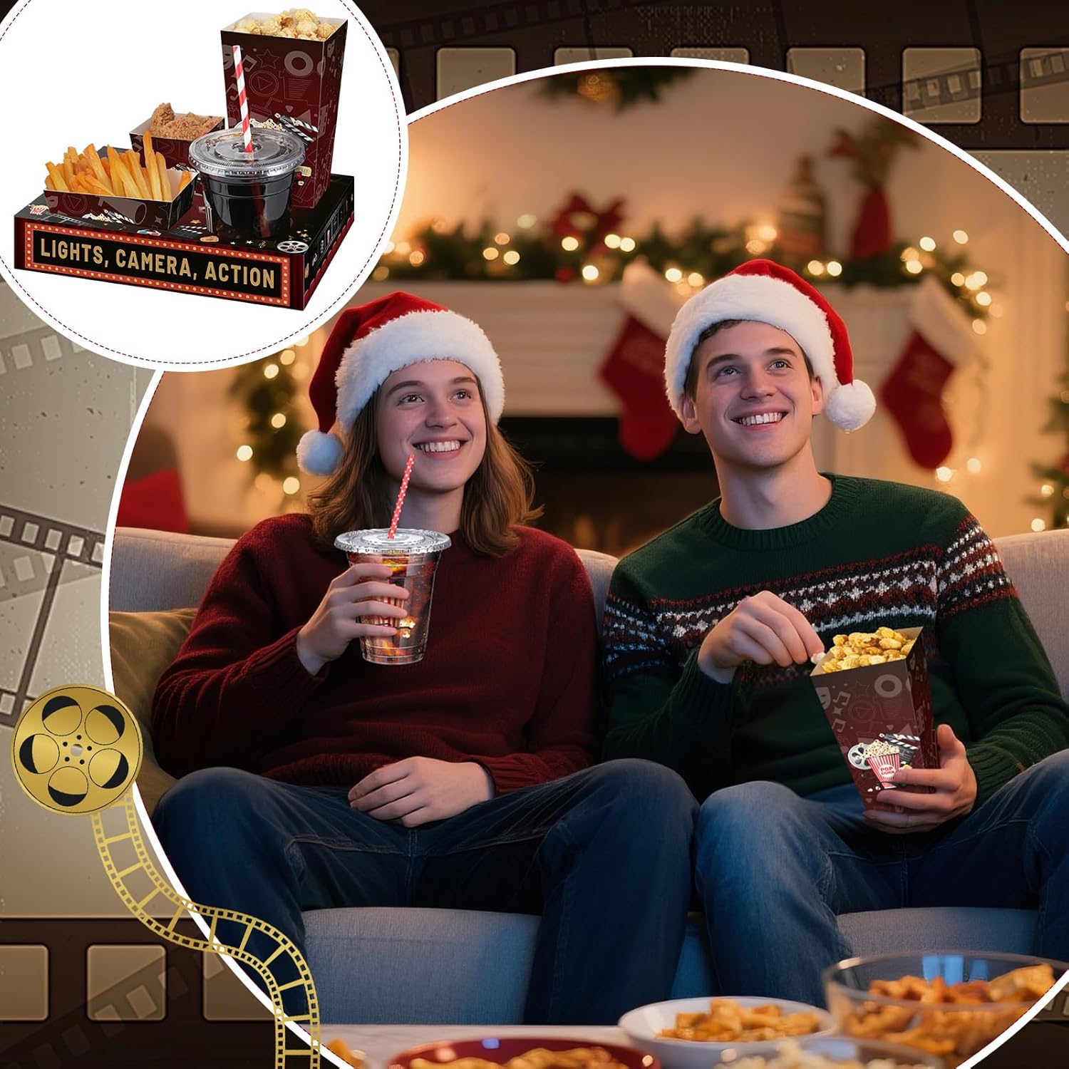 Bokon 172 Pcs/ 24 Sets of Movie Night Snack Trays 3 Sizes Snack Boxes, 16 oz Disposable Drinks Cups, 50 Straws, Complimentary Sealing Stickers for Cinema Party Decoration(Plastic,Cinema)