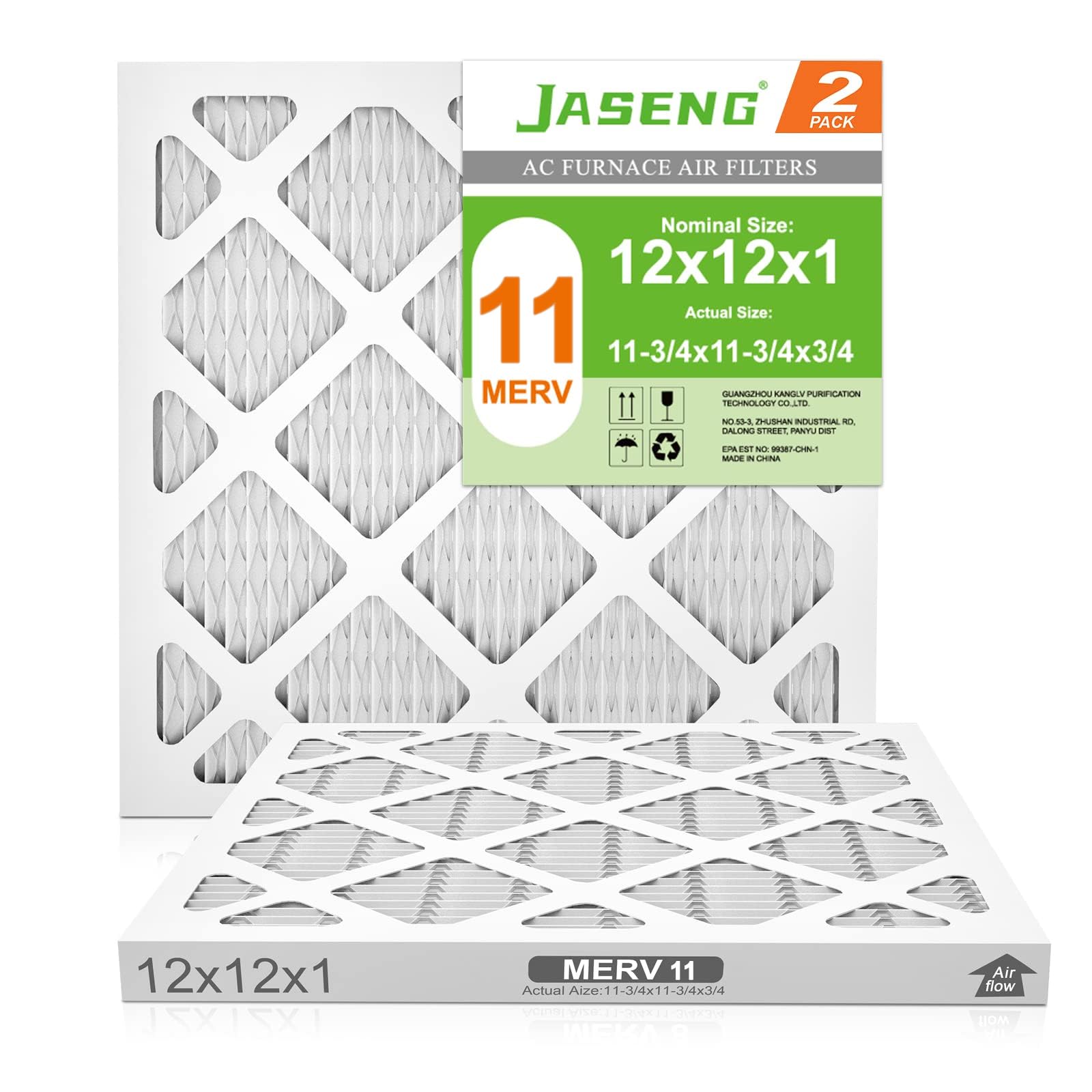 12x12x1 Furnace Air Filters 2 Pack, MERV 11 MPR 1000 & FPR 7 Filtering, HVAC Air Filter Replacement (exact dimensions: 11 3/4"x 11 3/4"x3/4")