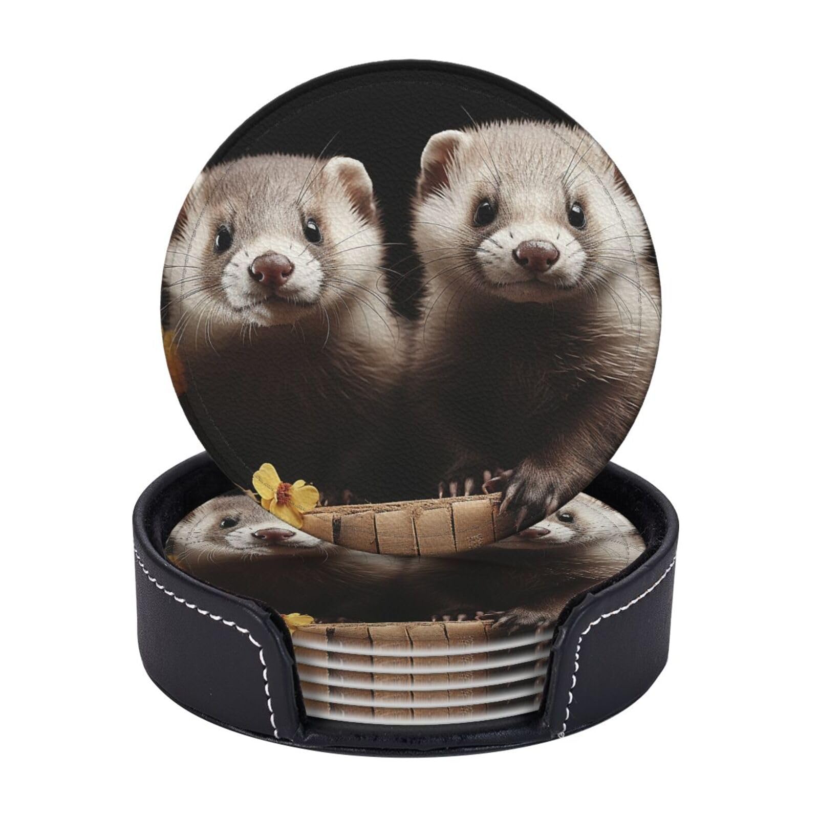 6PCS Drink Coasters with Holder, 4" Leather Coasters for Drinks, Ferrets Cup Coasters for Coffee Table Decor, Non-Slip Drinking Cup Mat for Hot or Cold Drink
