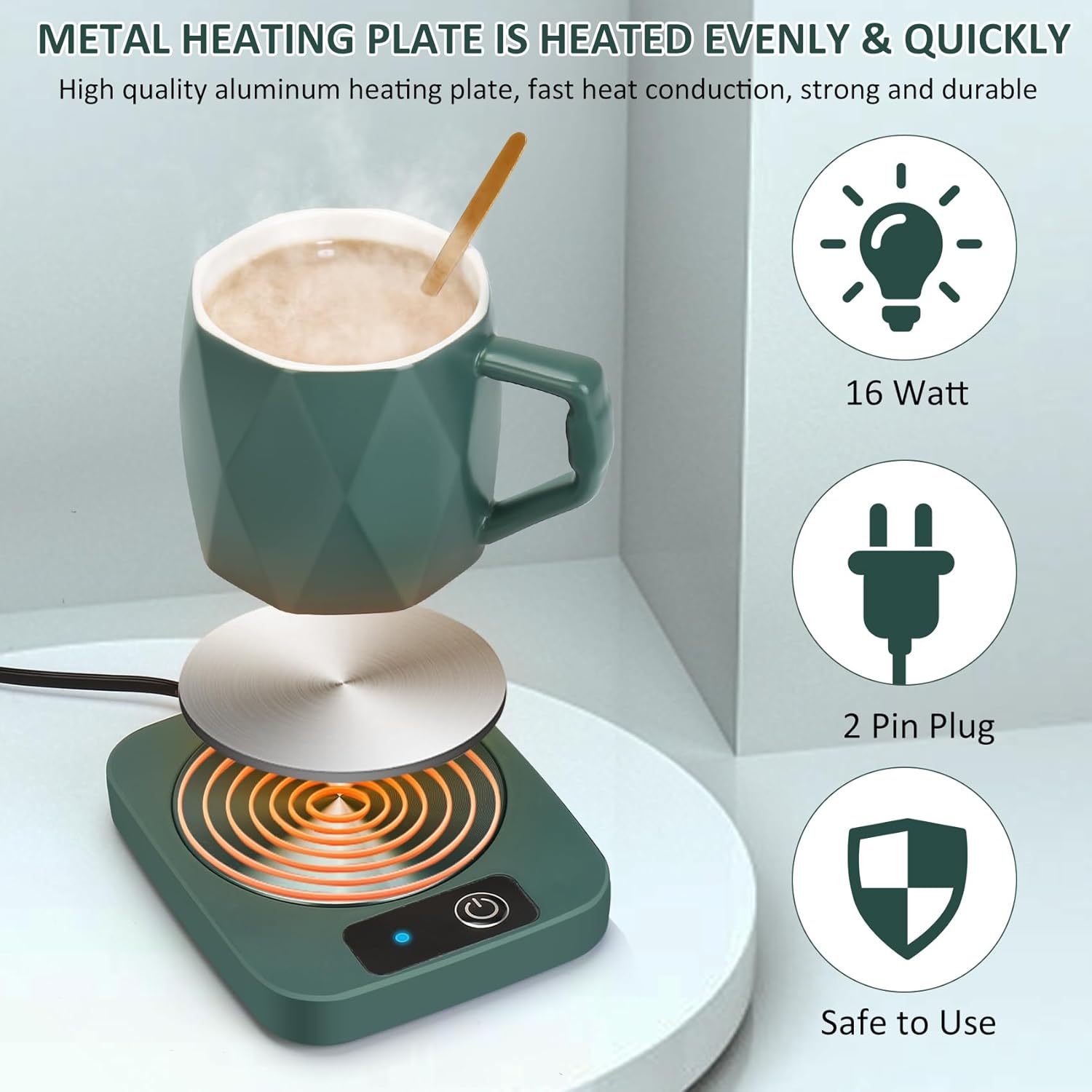 Electric Coffee Warmer with Ceramic Mug, 131 Fahrenheit Temperature Control, 16W Self-Heating Plate for Desk, Home, Office, Keeps Beverages Tea Milk Warm (Green)