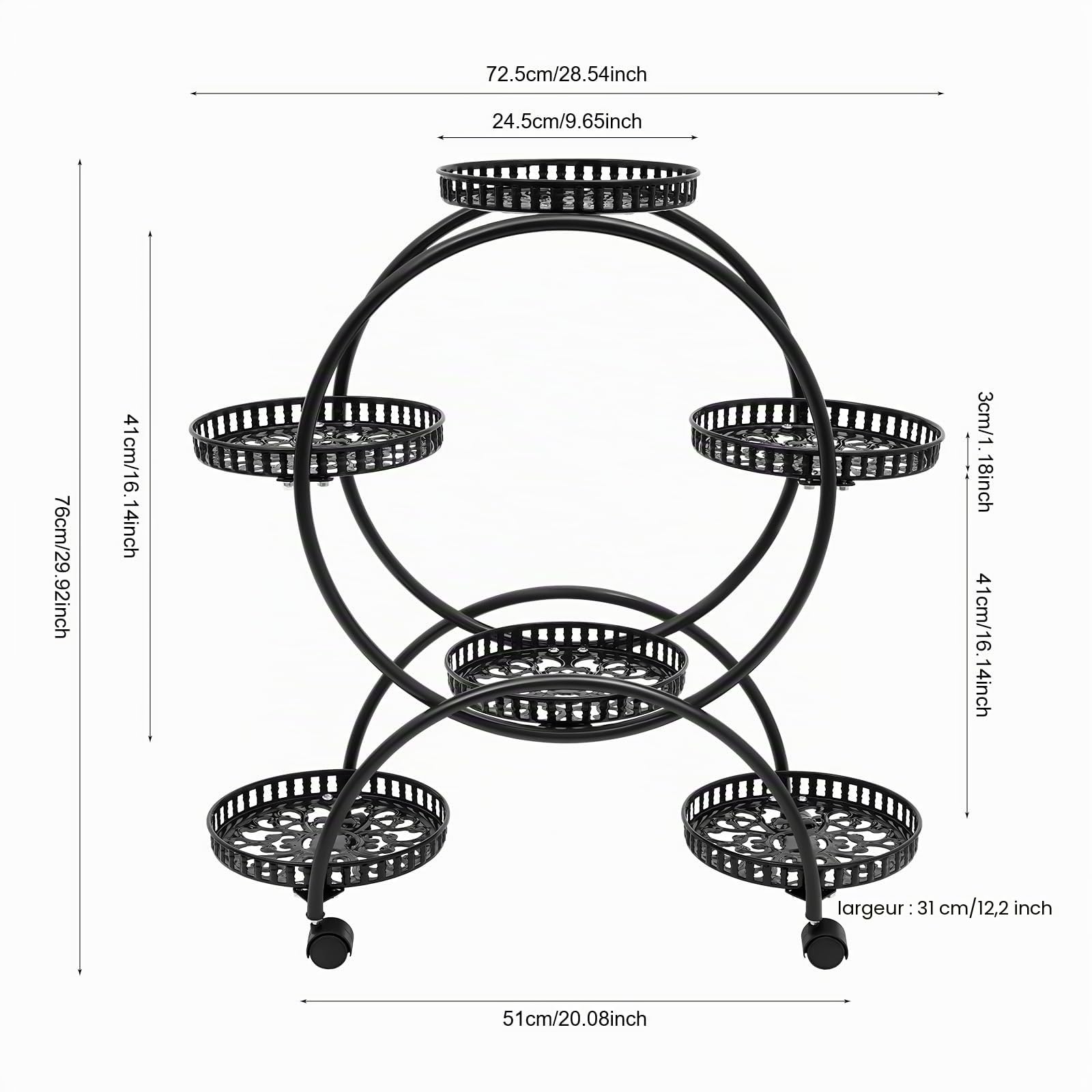 Support pour plantes à 4 niveaux et 6 pots de fleurs en métal avec roulettes, étagère pour plantes d'intérieur et d'extérieur pour salon, jardin et balcon