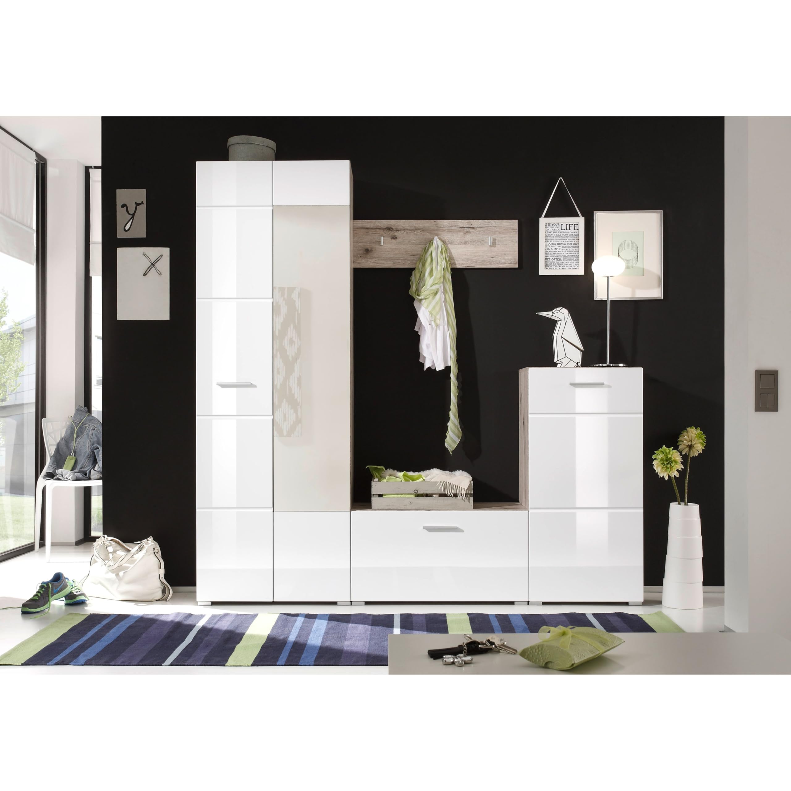 Sixx Flurgarderoben Set in Weiß Hochglanz/Sandeiche Optik - Moderne Kompaktgarderobe 4-teilig für Ihren Eingangsbereich - 195 x 195 x 36 cm (B/H/T)