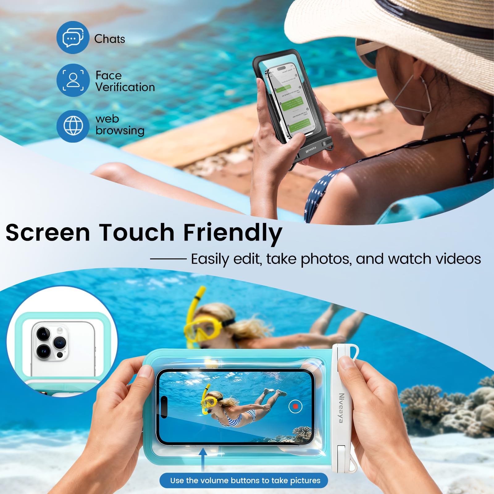 Niveaya [Flotable] Bolsa Flotante Impermeable para teléfono, 2 Paquetes de hasta 8.5 Pulgadas, Gran Espacio Ajustable con cordón para el Cuello, Funda Impermeable para teléfono, Bolsas secas para