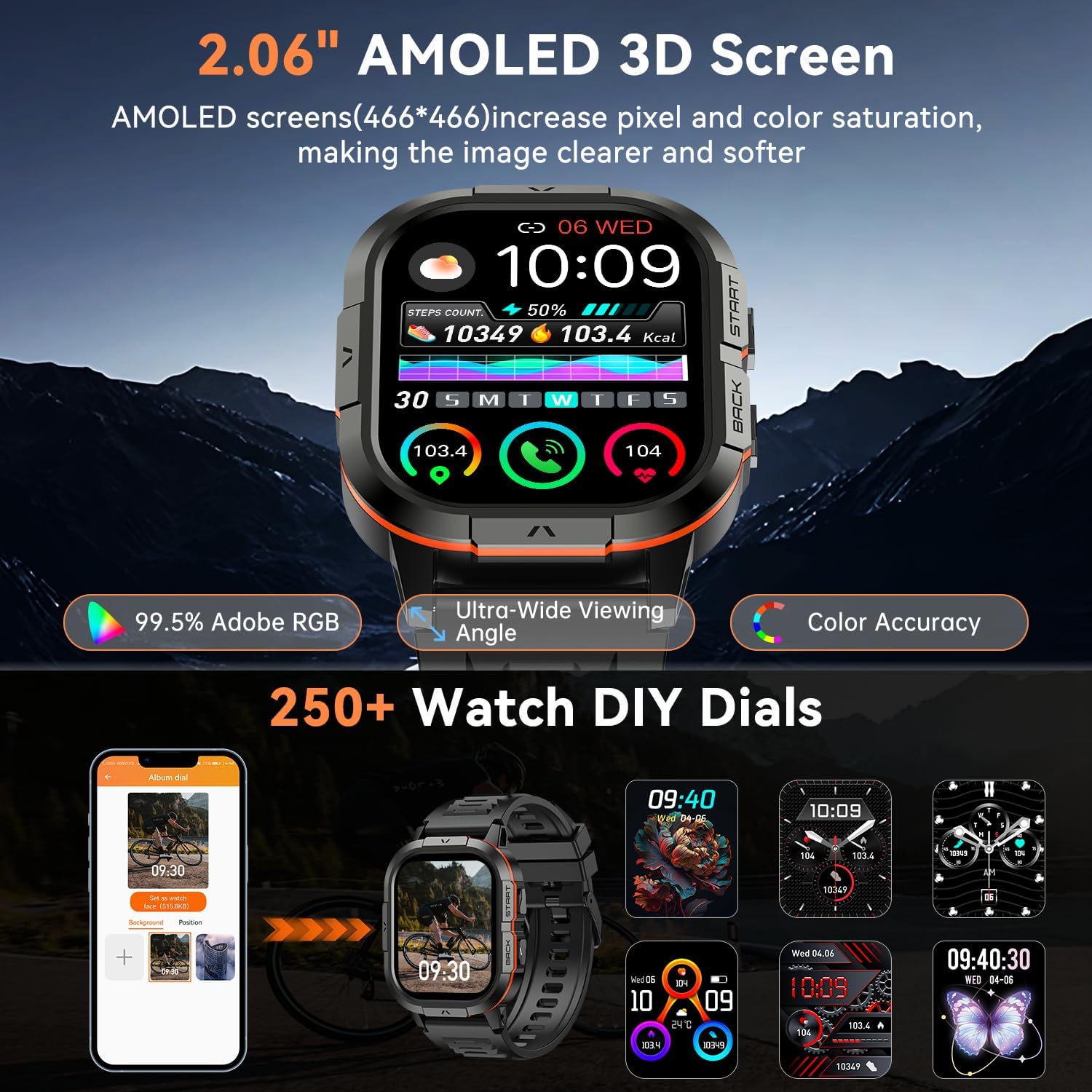 Smart Watch for Men Fitness Tracker: Make/Answer Call Military Smart Watches for Men Digital Watches Heart Rate Monitor Waterproof Running Smartwatch Android Phones iPhone Samsung Compatible 2 Bands