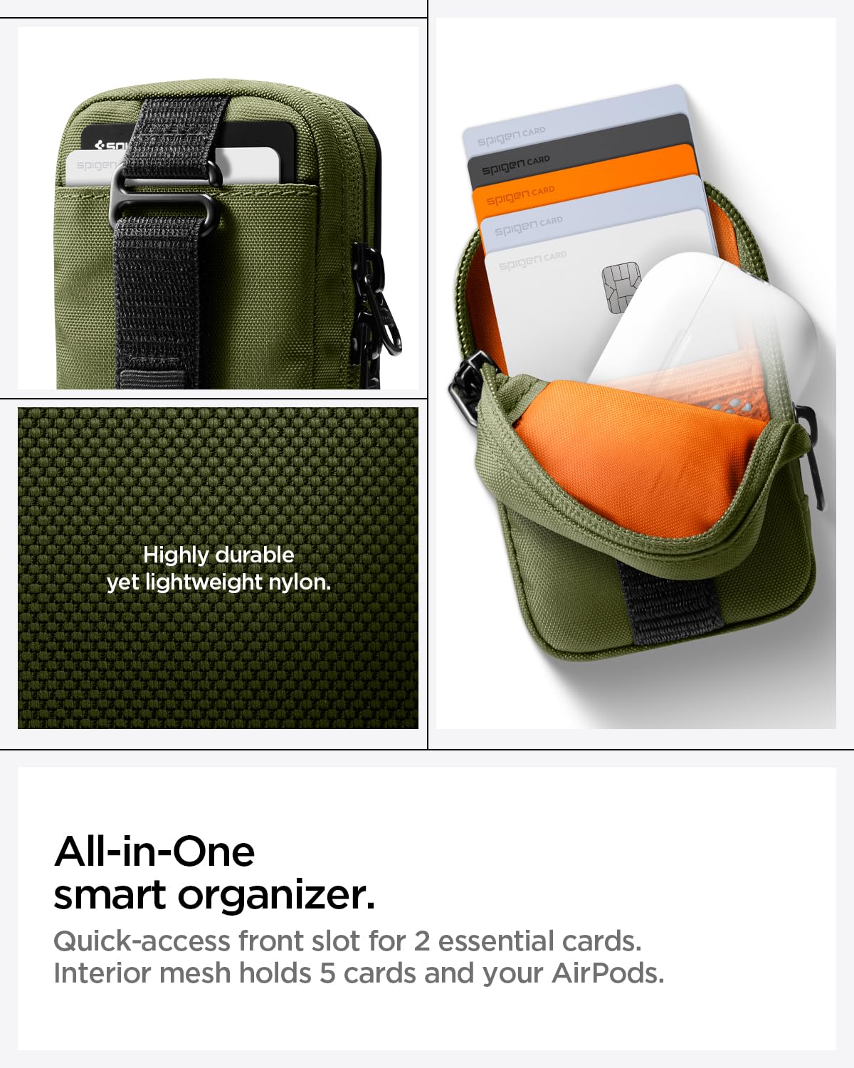 Spigen TinTap Zip MagFit Portafoglio MagSafe con Mini Pochette Blocco RFID Wallet Magnetico Portacarte Compatibile con iPhone 17/16-12, AirPods Pro 3-1 e AirPods 4-1, Accessori MagSafe - Verde Oliva