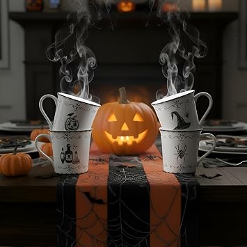222 Fifth Elegant Haunting 4-Piece White Porcelain Halloween Mug Set - Witch Hat, Jack-o-Lantern, Potion Bottles & Spider - 20.29 oz, Large Capacity Coffee Cups, Dishwasher & Microwave Safe