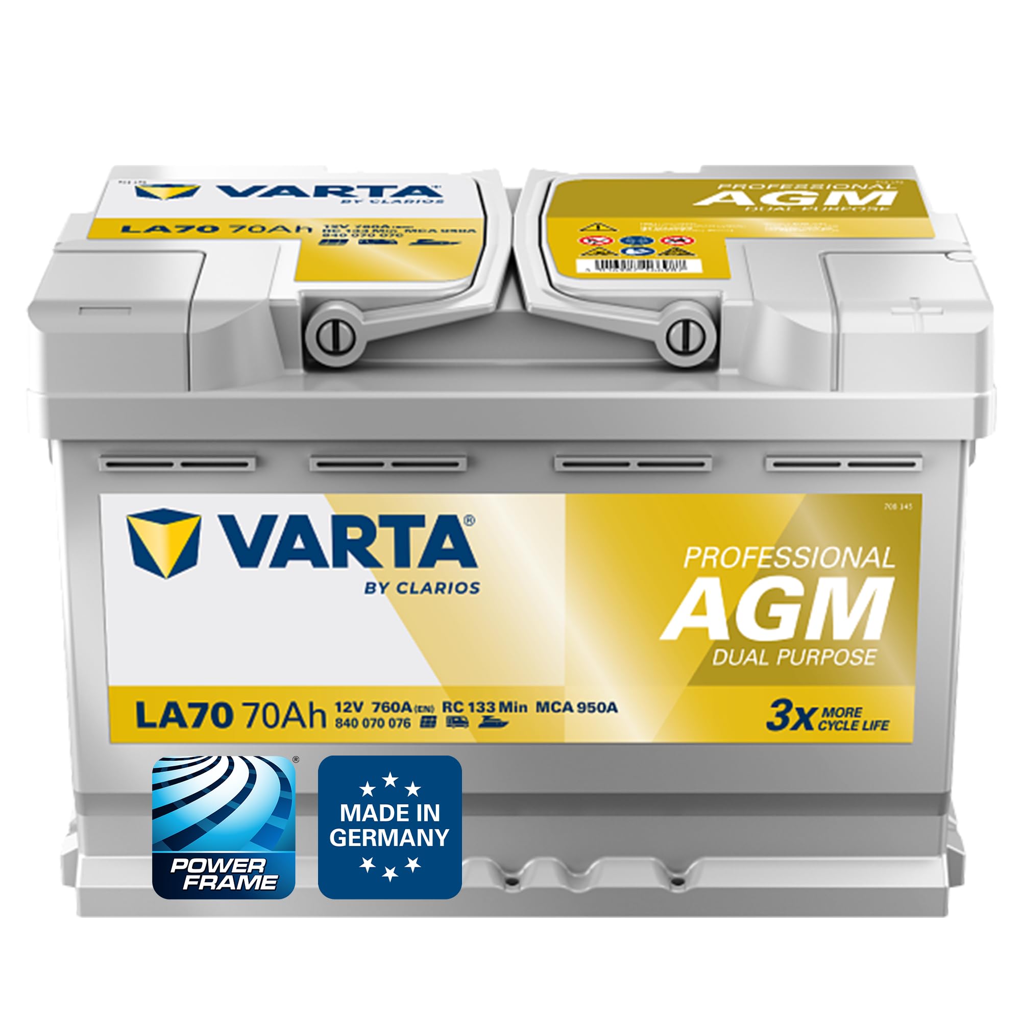 VARTA Professional Dual Purpose AGM (LA70) 12V 70Ah 760A - Nassbatterie für Wohnmobile, Wohnwagen & Boote - Resistente Starter- & Versorgerbatterie hoher Energiebedarf - Bleisäurebatterie wartungsfrei